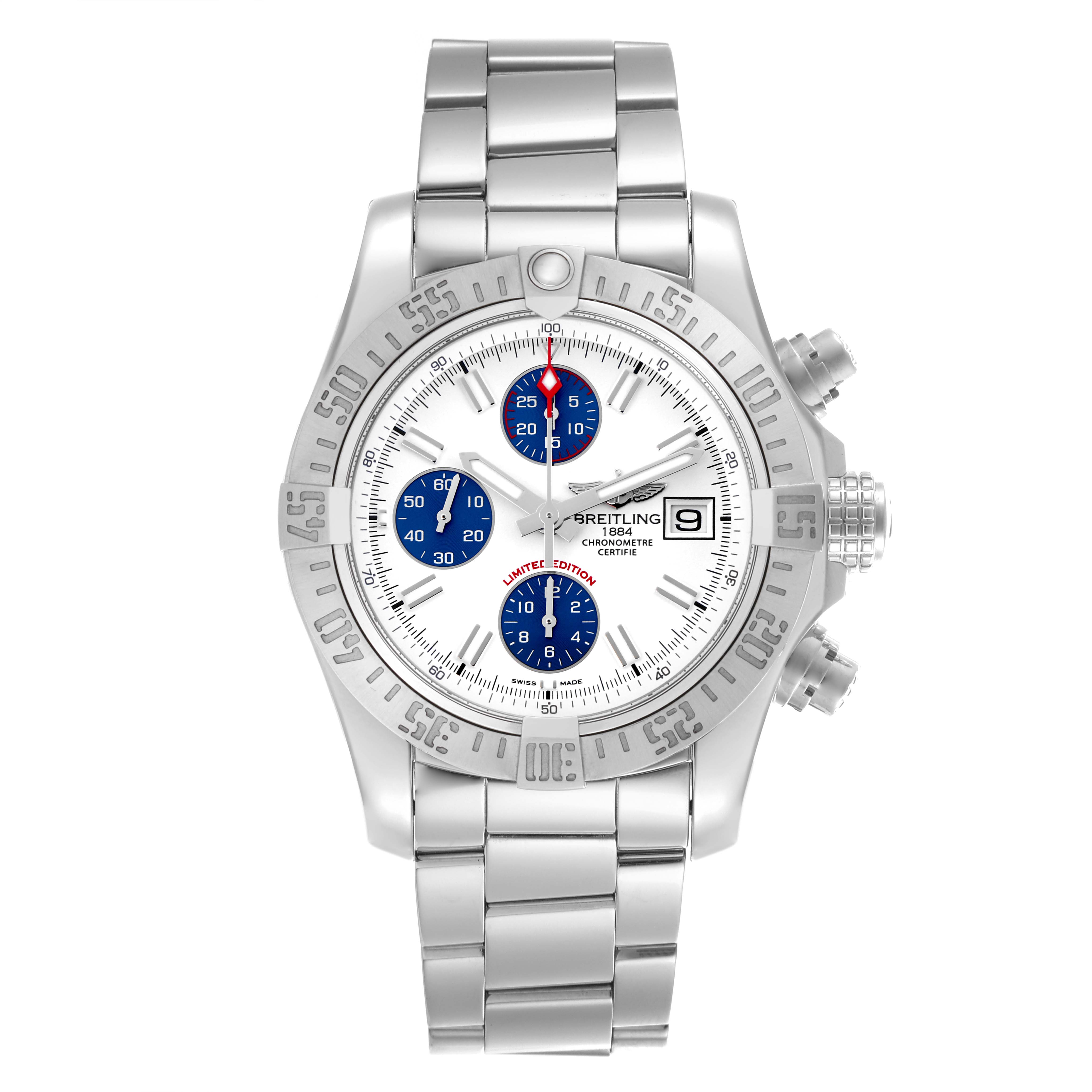 The Breitling Avenger A13381 Men's Stainless Steel White Dial A13381 Men's Stainless Steel White Dial watch is shown in a front view, displaying the face, bezel, crown, pushers, and bracelet.