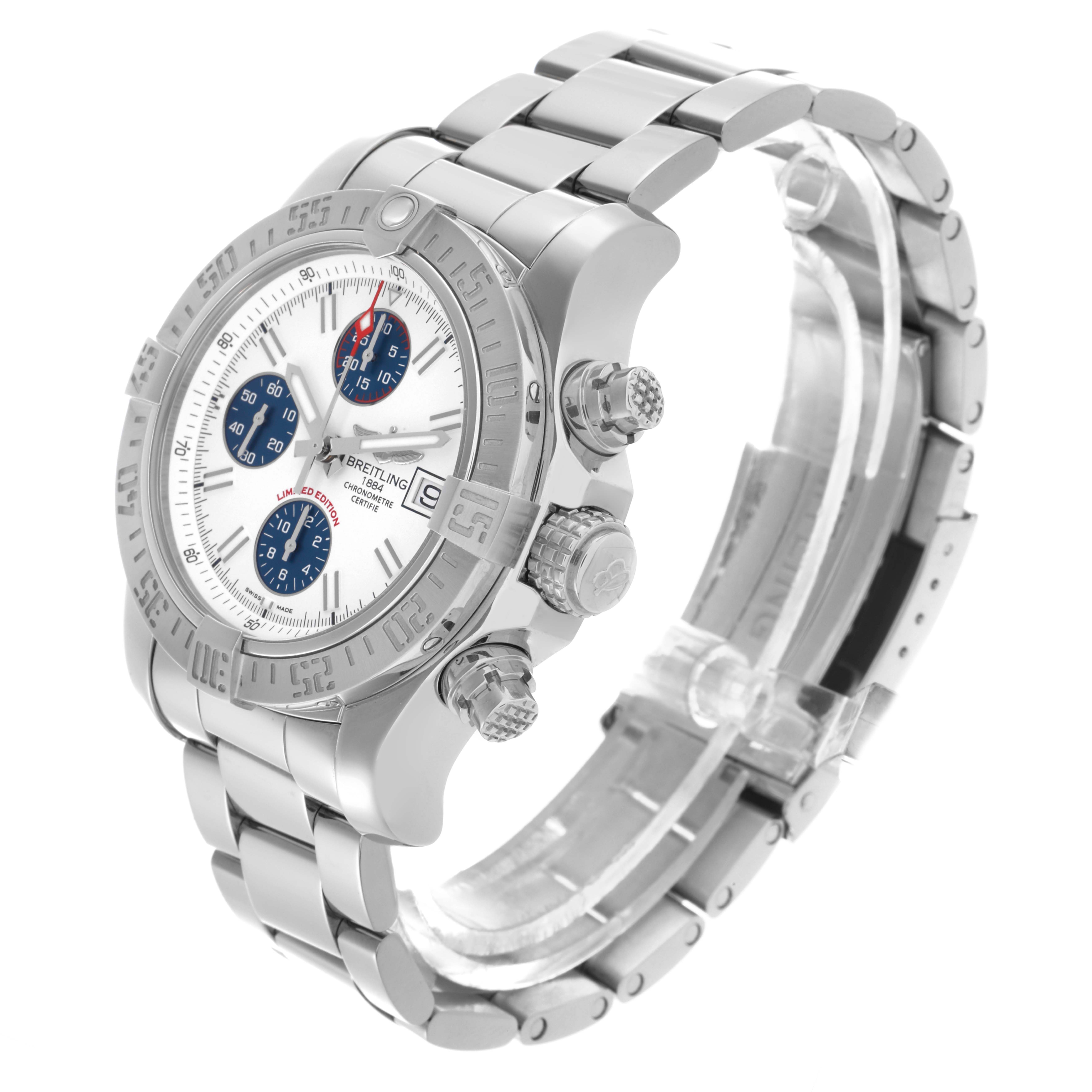 The Breitling Avenger A13381 Men's Stainless Steel White Dial A13381 Men's Stainless Steel White Dial watch is shown at a three-quarter angle, displaying the face, bezel, crown, pushers, and bracelet.