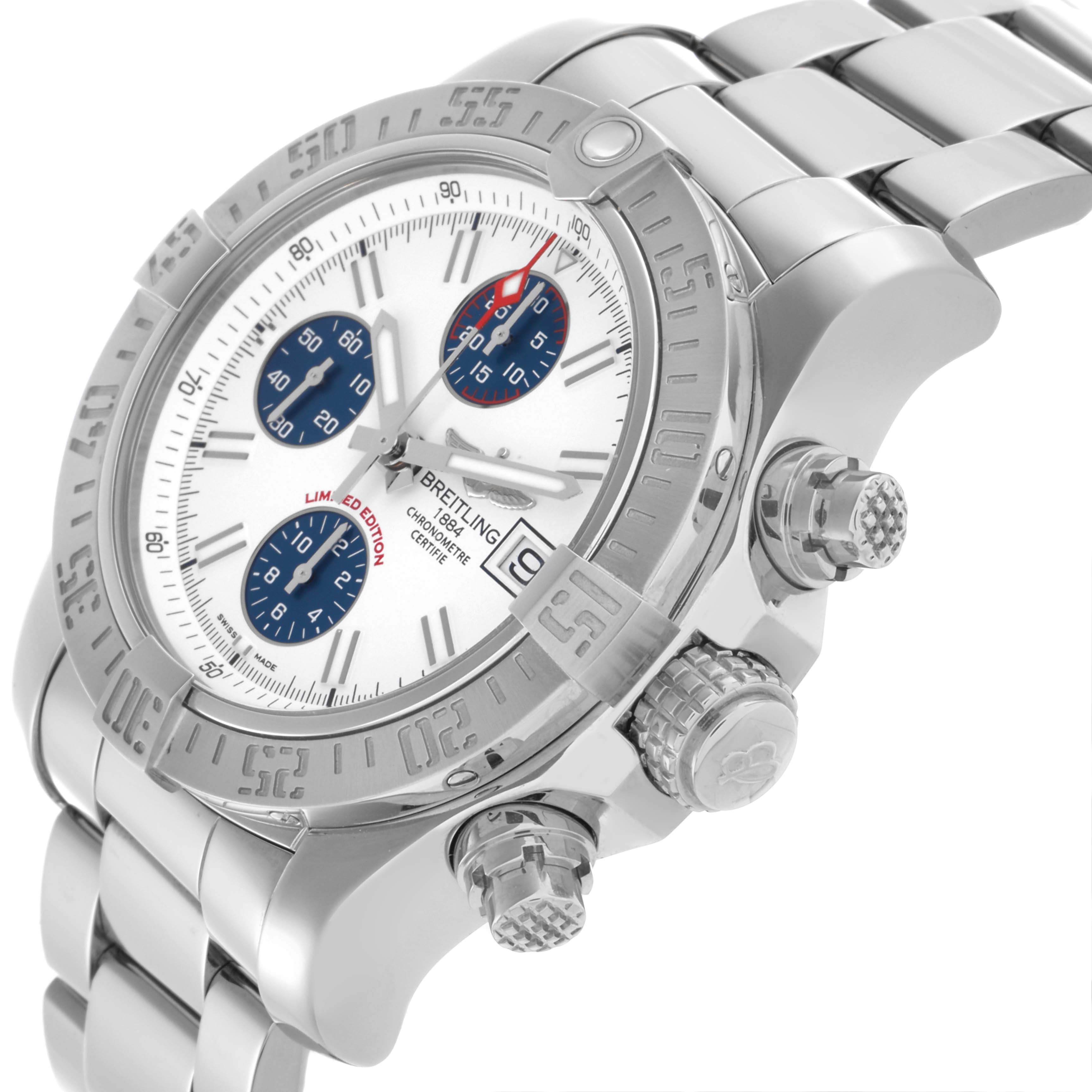 The Breitling Avenger A13381 Men's Stainless Steel White Dial A13381 Men's Stainless Steel White Dial watch is shown at a slight angle, highlighting the bezel, crown, pushers, and bracelet.