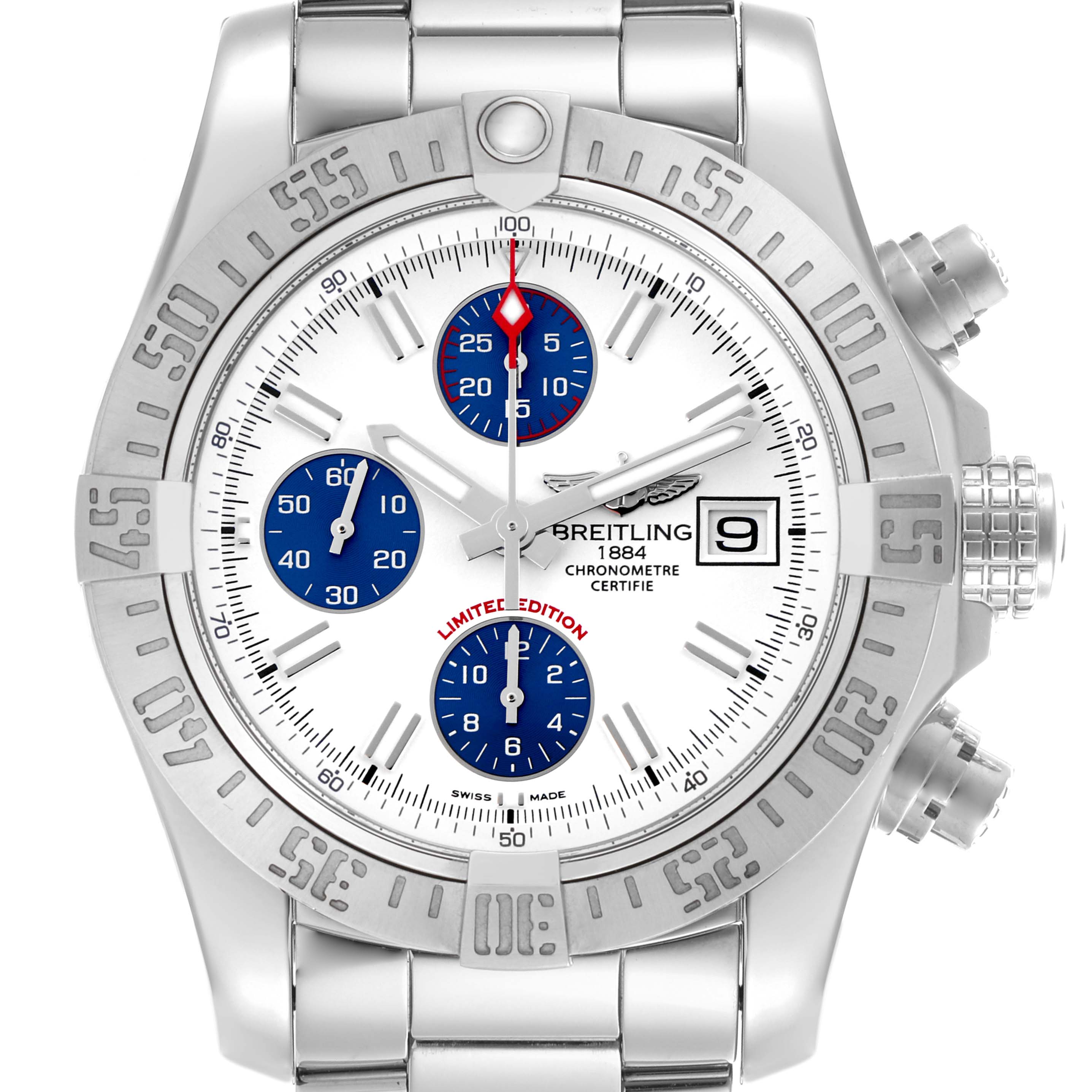 The Breitling Avenger A13381 Men's Stainless Steel White Dial A13381 Men's Stainless Steel White Dial watch is shown from a front angle, displaying its bezel, dial, chronograph subdials, and bracelet.