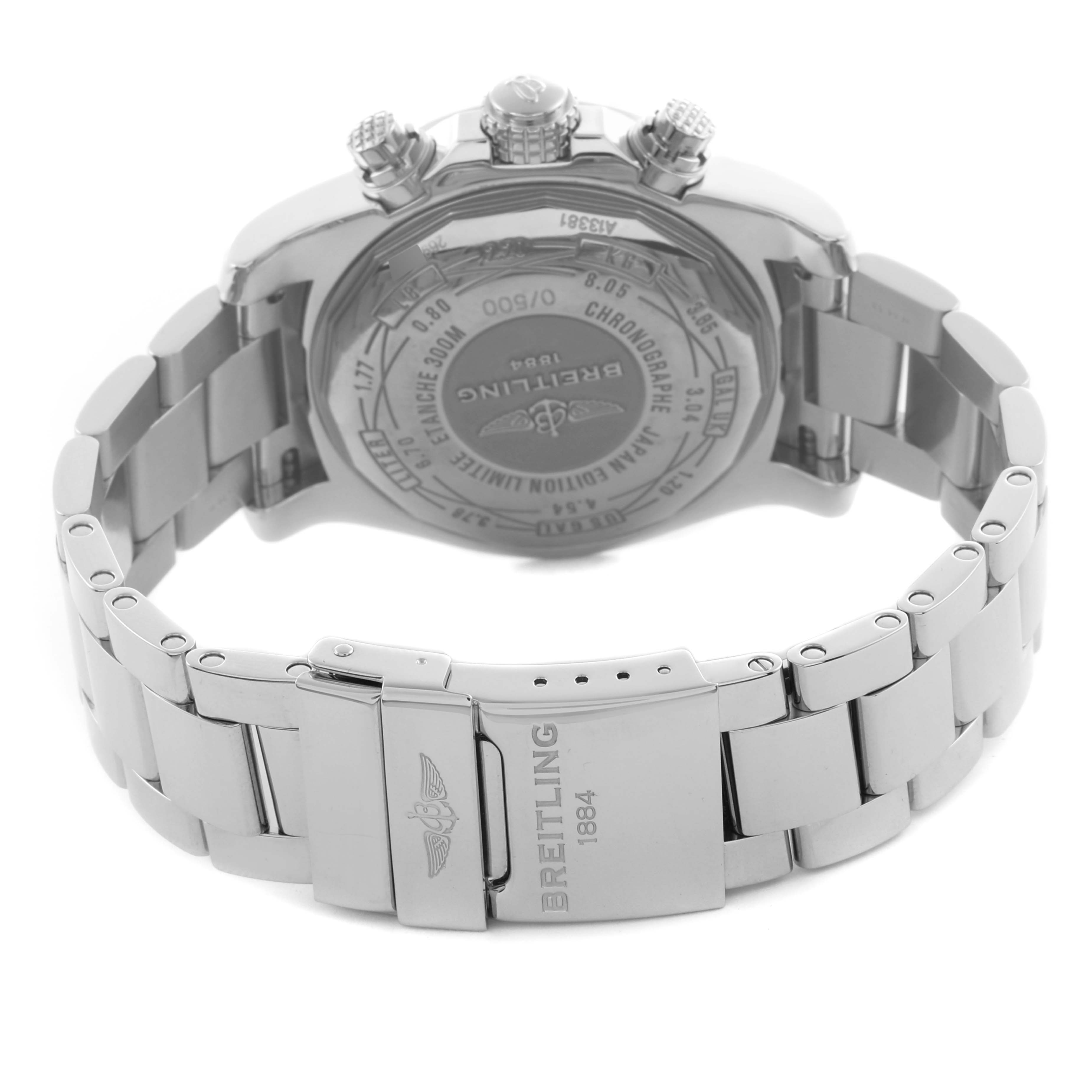 The image shows the back view of a Breitling Avenger A13381 Men's Stainless Steel White Dial A13381 Men's Stainless Steel White Dial watch, highlighting its caseback, bracelet, and clasp.