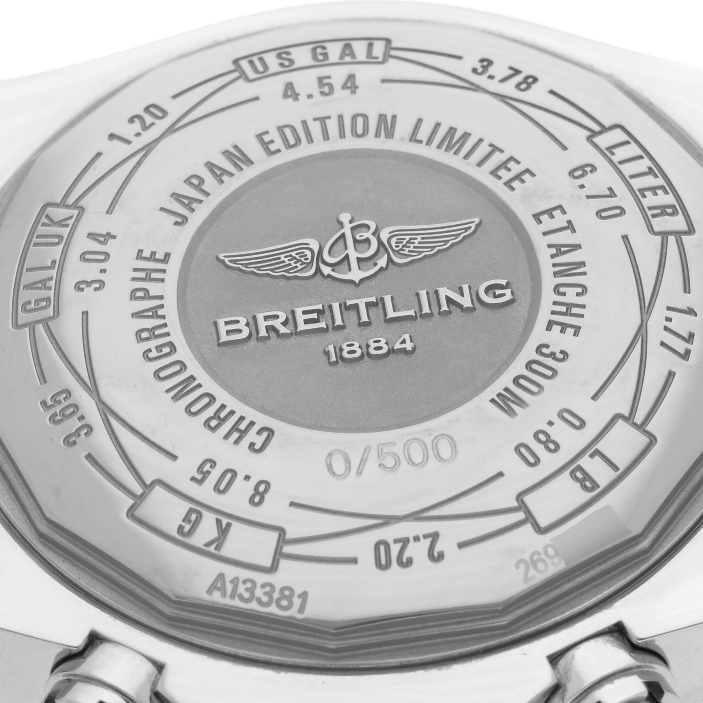 The image shows the back case of a Breitling Avenger A13381 Men's Stainless Steel White Dial A13381 Men's Stainless Steel White Dial watch featuring numerals, engravings, and limited edition details.