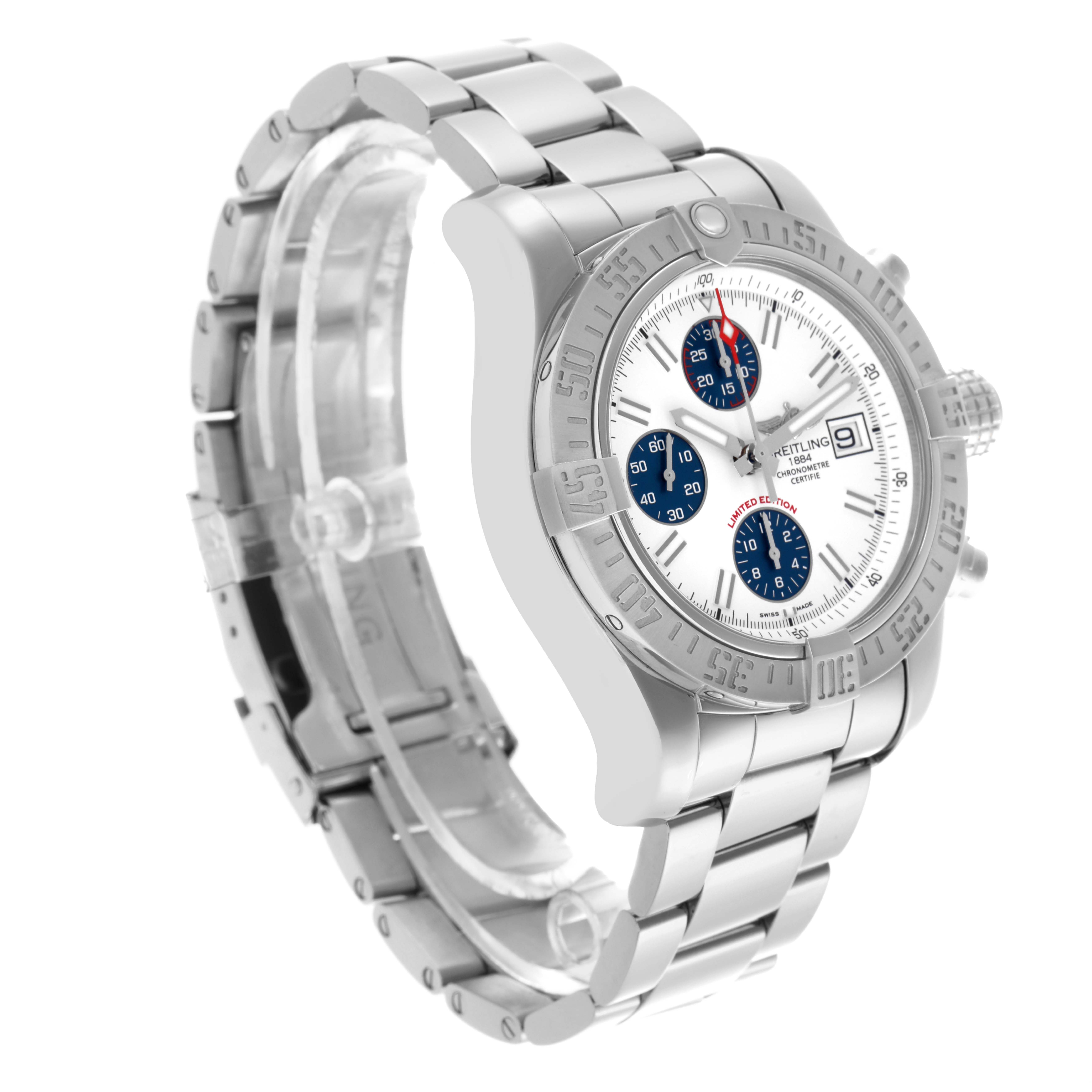 The Breitling Avenger A13381 Men's Stainless Steel White Dial A13381 Men's Stainless Steel White Dial watch is shown at a three-quarter angle, highlighting the face, bezel, and partial bracelet.