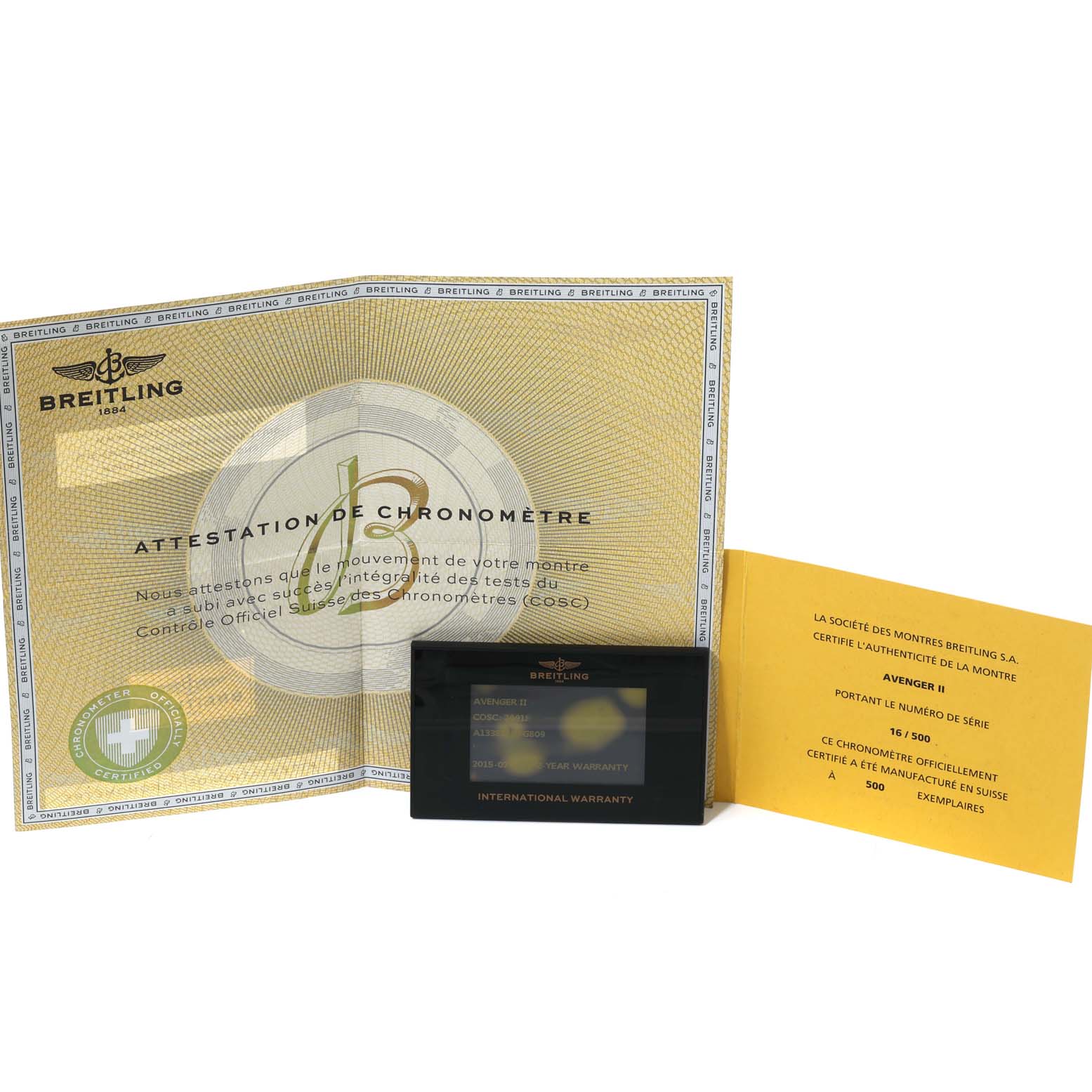 The image displays warranty and authentication documents for the Breitling Avenger A133813K/G809 Men's Stainless Steel White Dial A133813K/G809 Men's Stainless Steel White Dial watch.