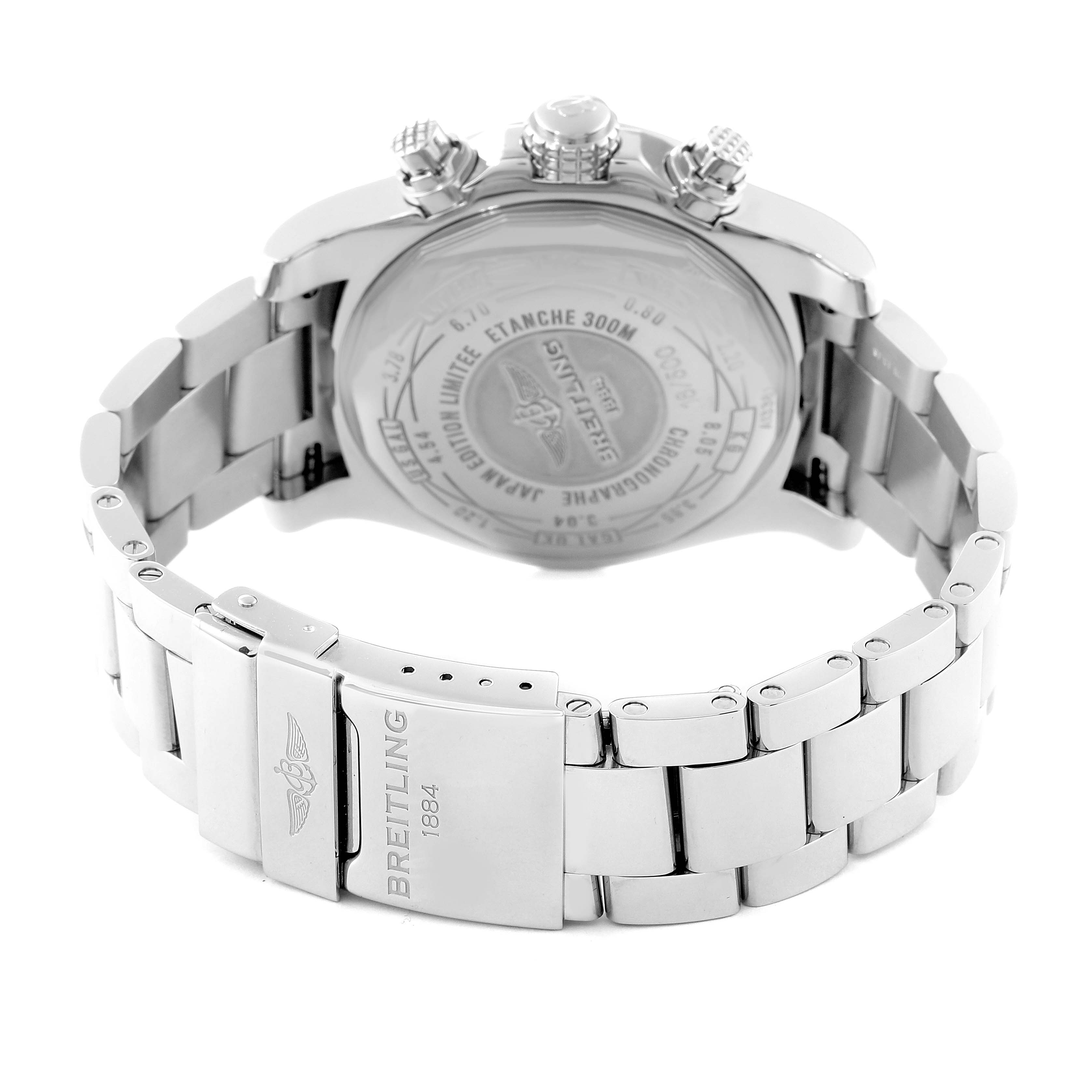 The image shows the back and bracelet of a Breitling Avenger A133813K/G809 Men's Stainless Steel White Dial A133813K/G809 Men's Stainless Steel White Dial watch, featuring the clasp and case back with engraved details.