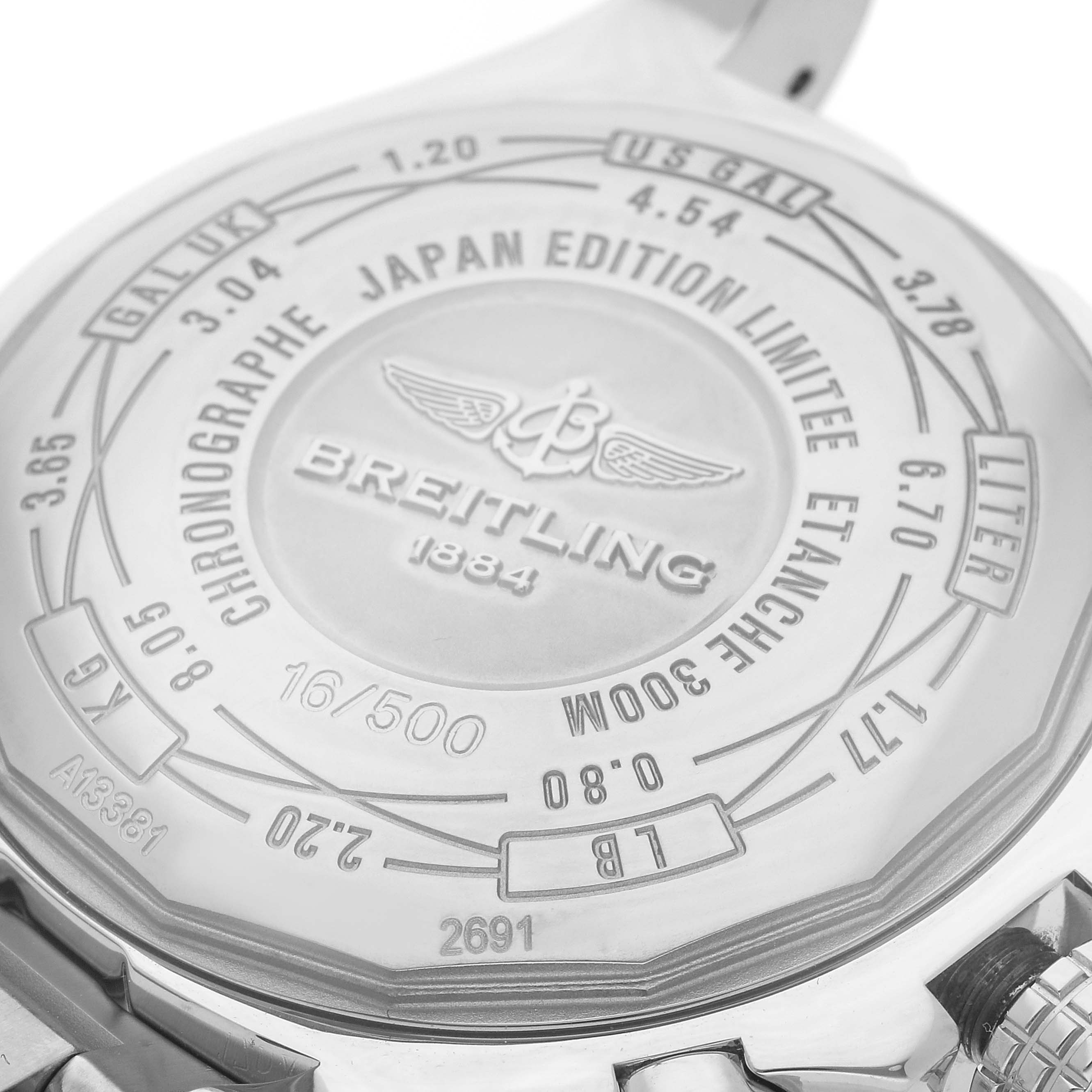 The photo shows the back casing of a Breitling Avenger A133813K/G809 Men's Stainless Steel White Dial A133813K/G809 Men's Stainless Steel White Dial Japan Edition Chronograph watch.