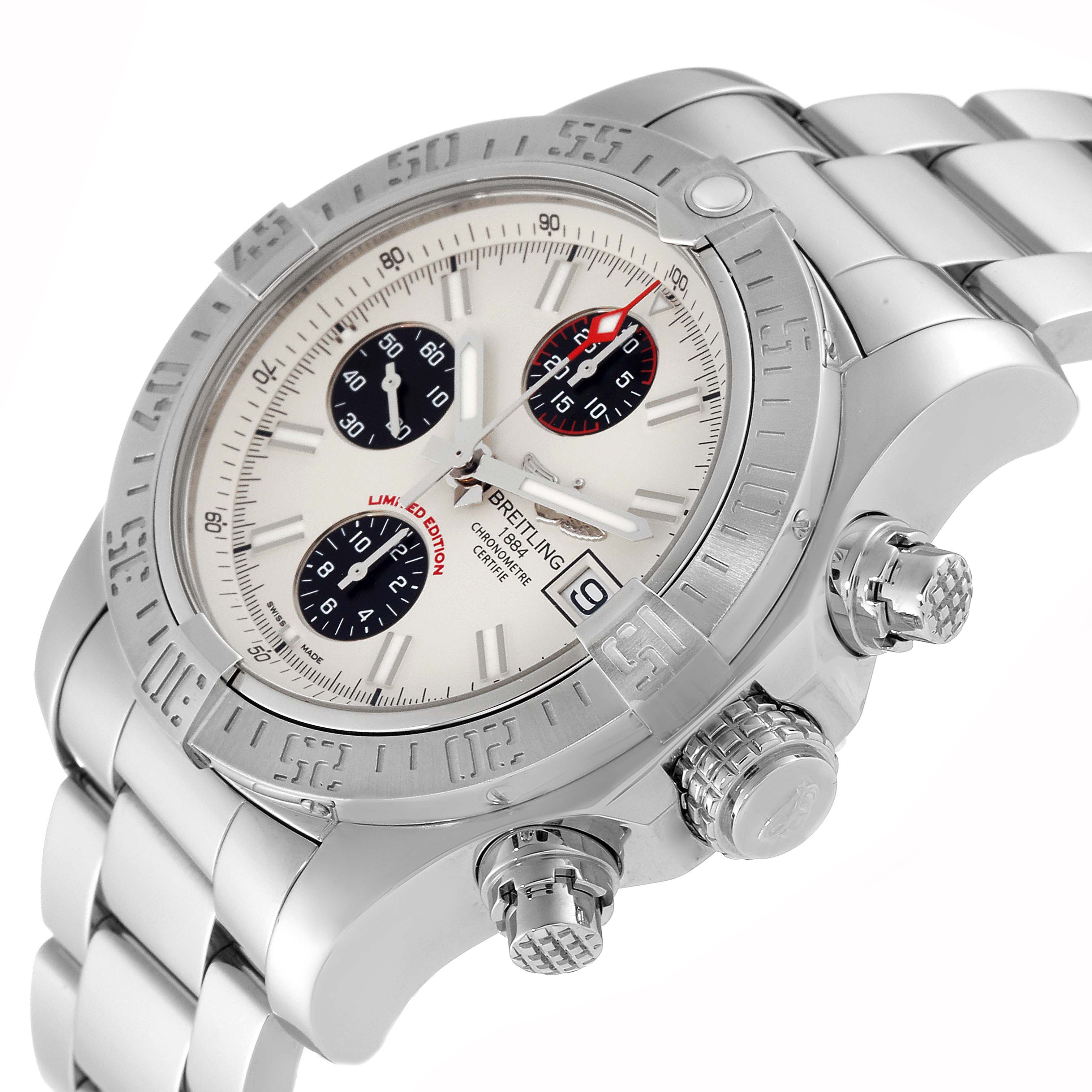 The Breitling Avenger A133813K/G809 Men's Stainless Steel White Dial A133813K/G809 Men's Stainless Steel White Dial watch is shown at an oblique angle, highlighting its dial, bezel, and metal band.