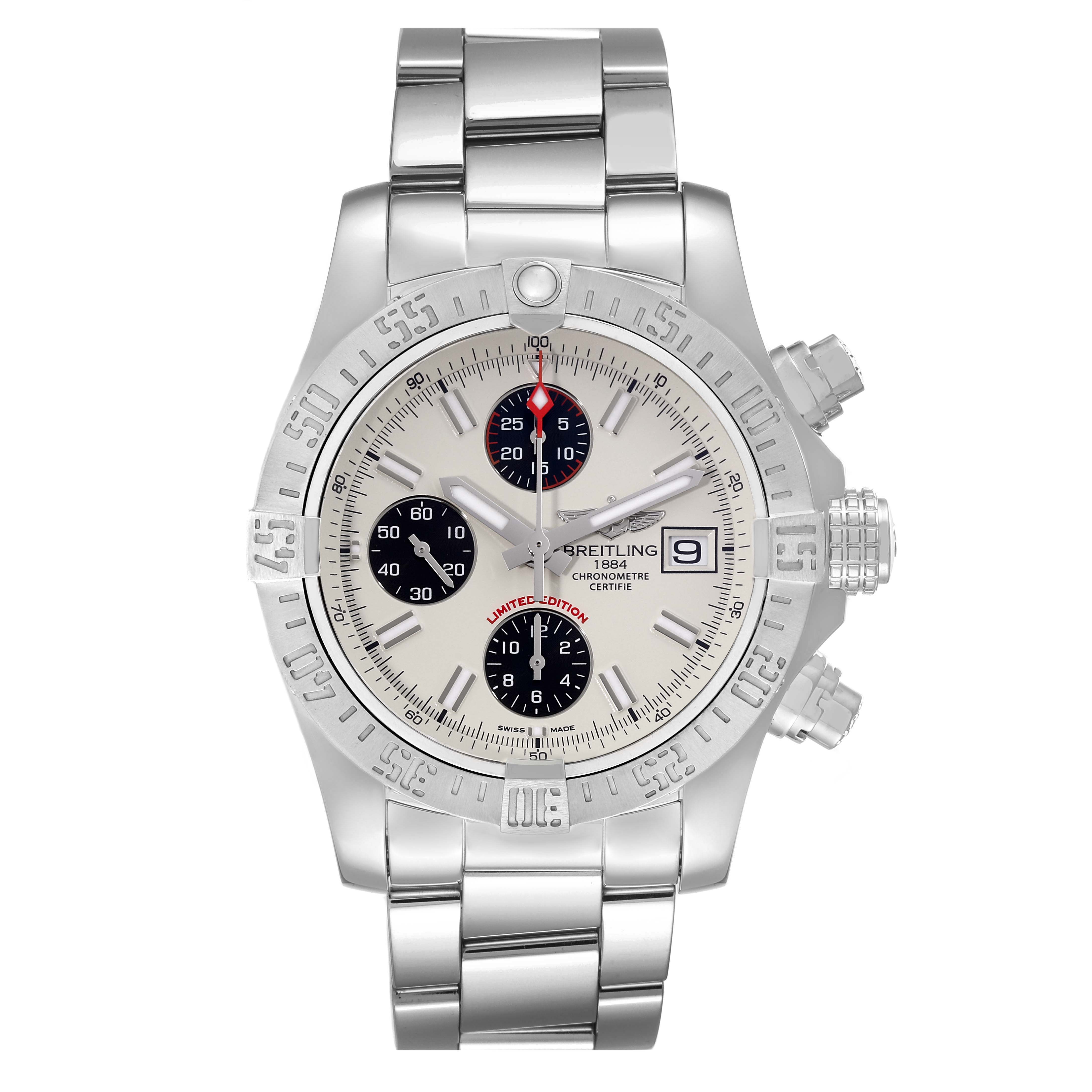 The image shows a front view of the Breitling Avenger A133813K/G809 Men's Stainless Steel White Dial A133813K/G809 Men's Stainless Steel White Dial watch, showcasing its dial, bezel, and metal bracelet.