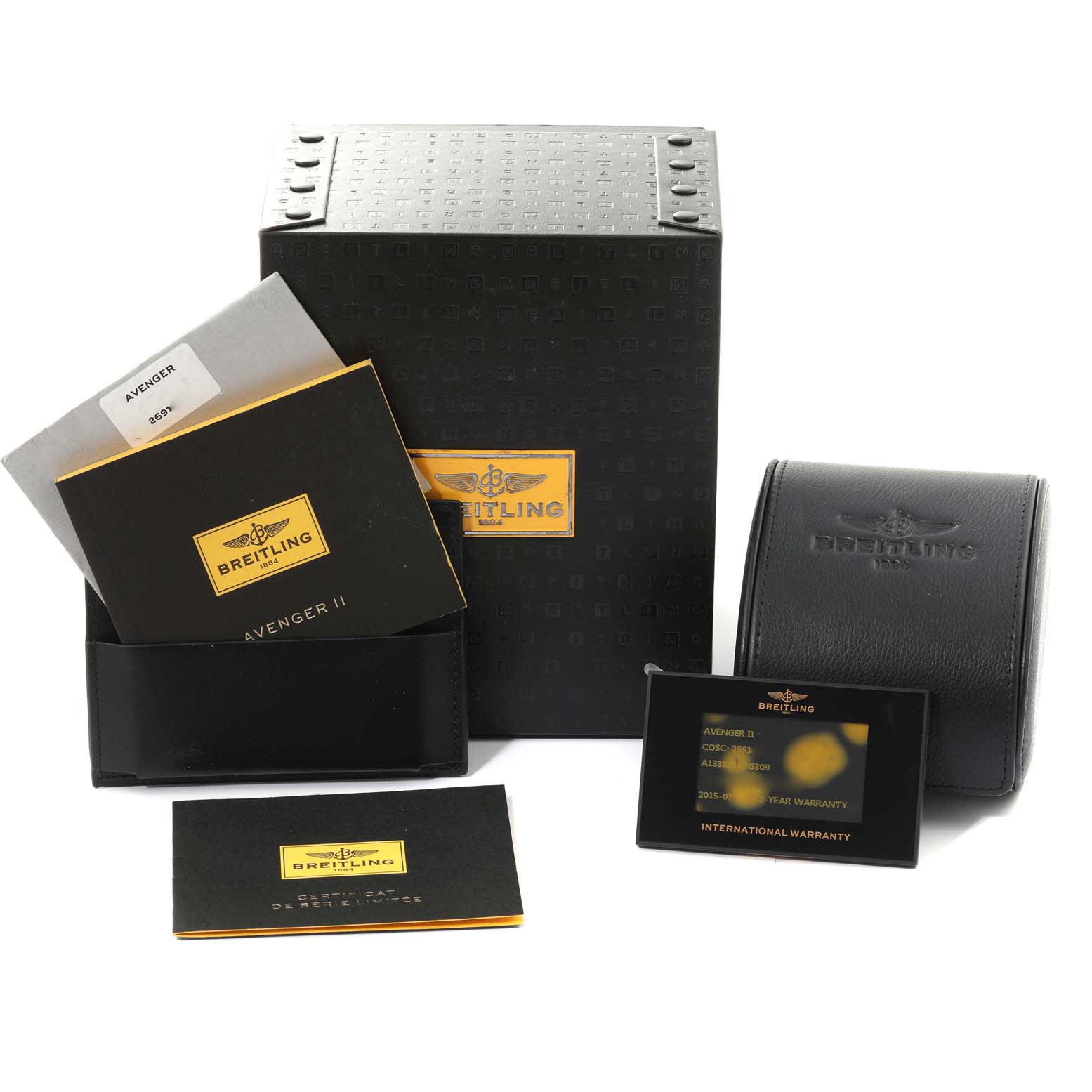 The image shows Breitling Avenger A133813K/G809 Men's Stainless Steel White Dial A133813K/G809 Men's Stainless Steel White Dial watch packaging, instructions, warranty card, and a watch storage case.