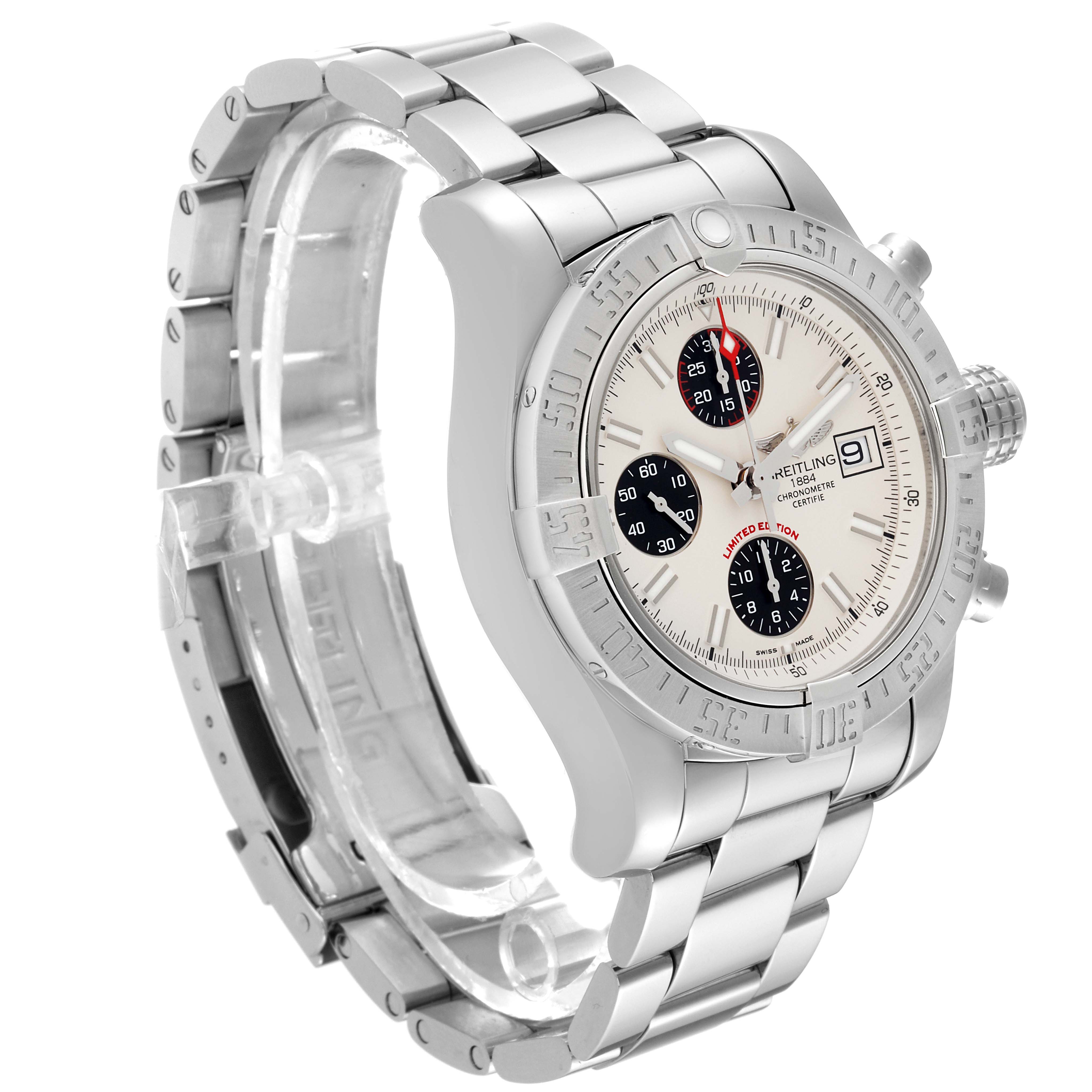 The image shows a Breitling Avenger A133813K/G809 Men's Stainless Steel White Dial A133813K/G809 Men's Stainless Steel White Dial watch at a three-quarter angle, highlighting the bracelet, bezel, dial, and subdials.