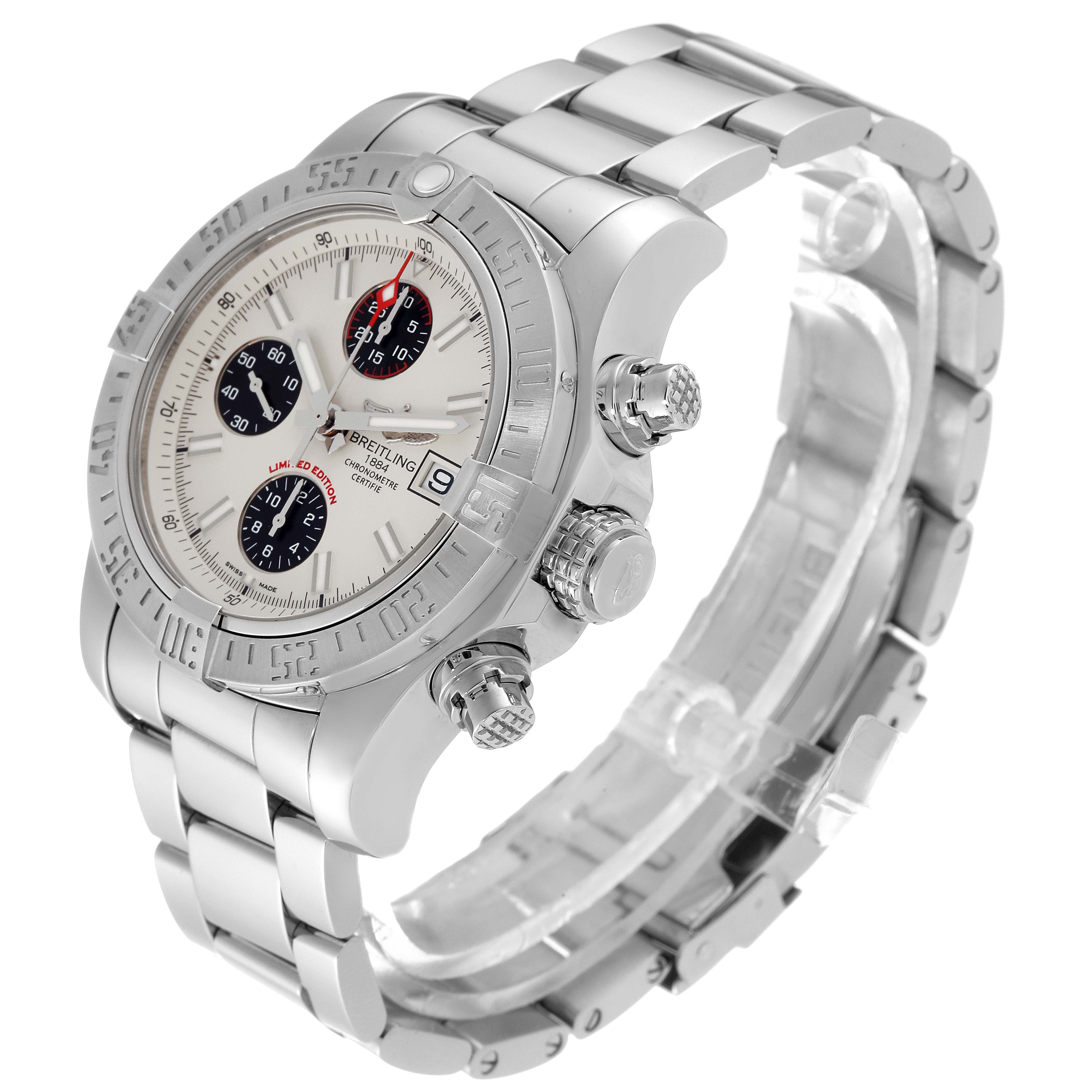 The Breitling Avenger A133813K/G809 Men's Stainless Steel White Dial A133813K/G809 Men's Stainless Steel White Dial watch is shown from a three-quarter angle, highlighting its dial, bezel, crown, and bracelet.