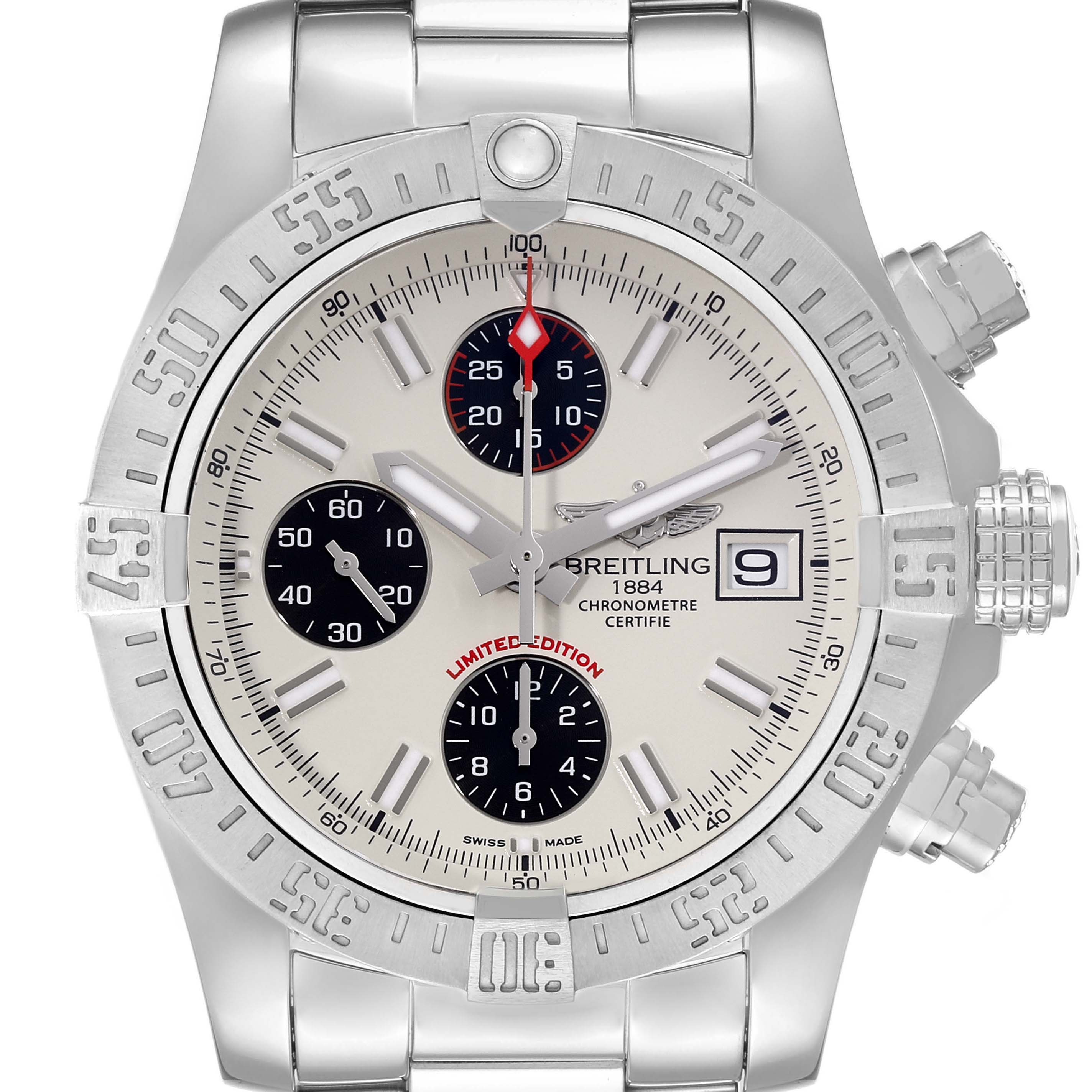The Breitling Avenger A133813K/G809 Men's Stainless Steel White Dial A133813K/G809 Men's Stainless Steel White Dial watch is shown in a front view, displaying the bezel, dial, subdials, and part of the bracelet.
