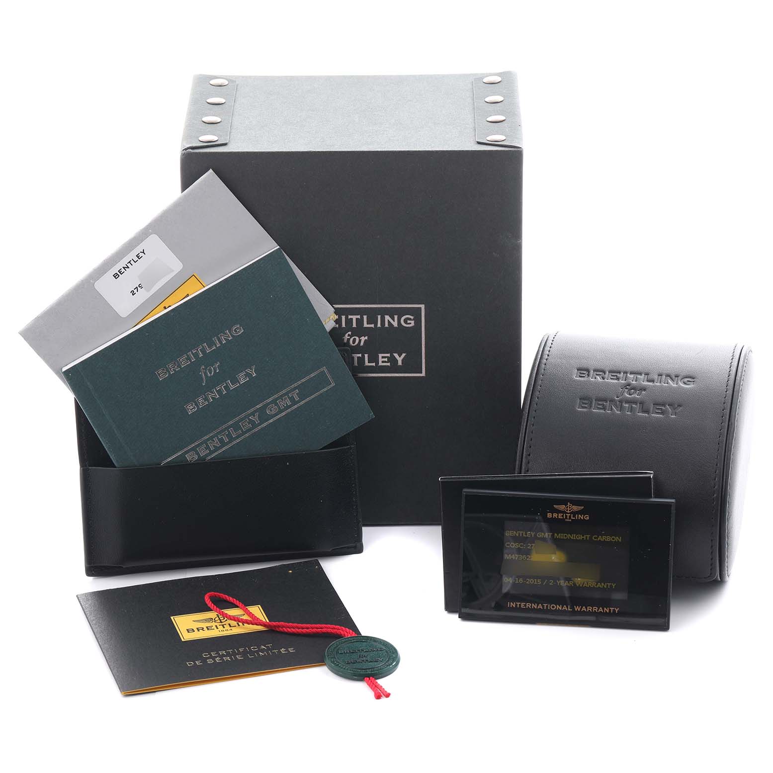 The image shows Breitling for Bentley watch accessories, including a box, leather case, booklets, and warranty card.