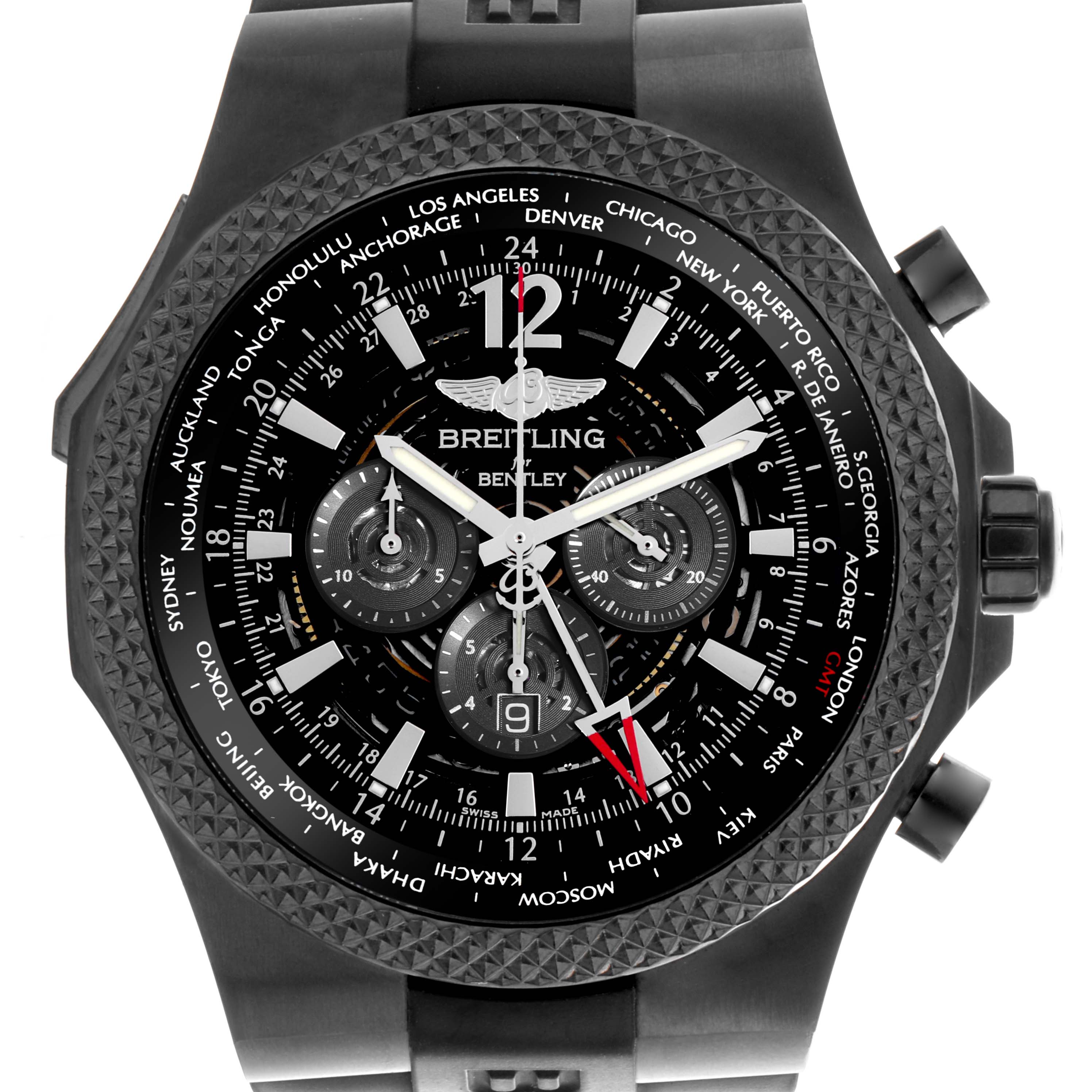 The Breitling Bentley M4736225/BC76 Men's Stainless Steel Black Dial M4736225/BC76 Men's Stainless Steel Black Dial watch is shown from a front angle, highlighting the detailed face, bezel, and chronograph subdials.