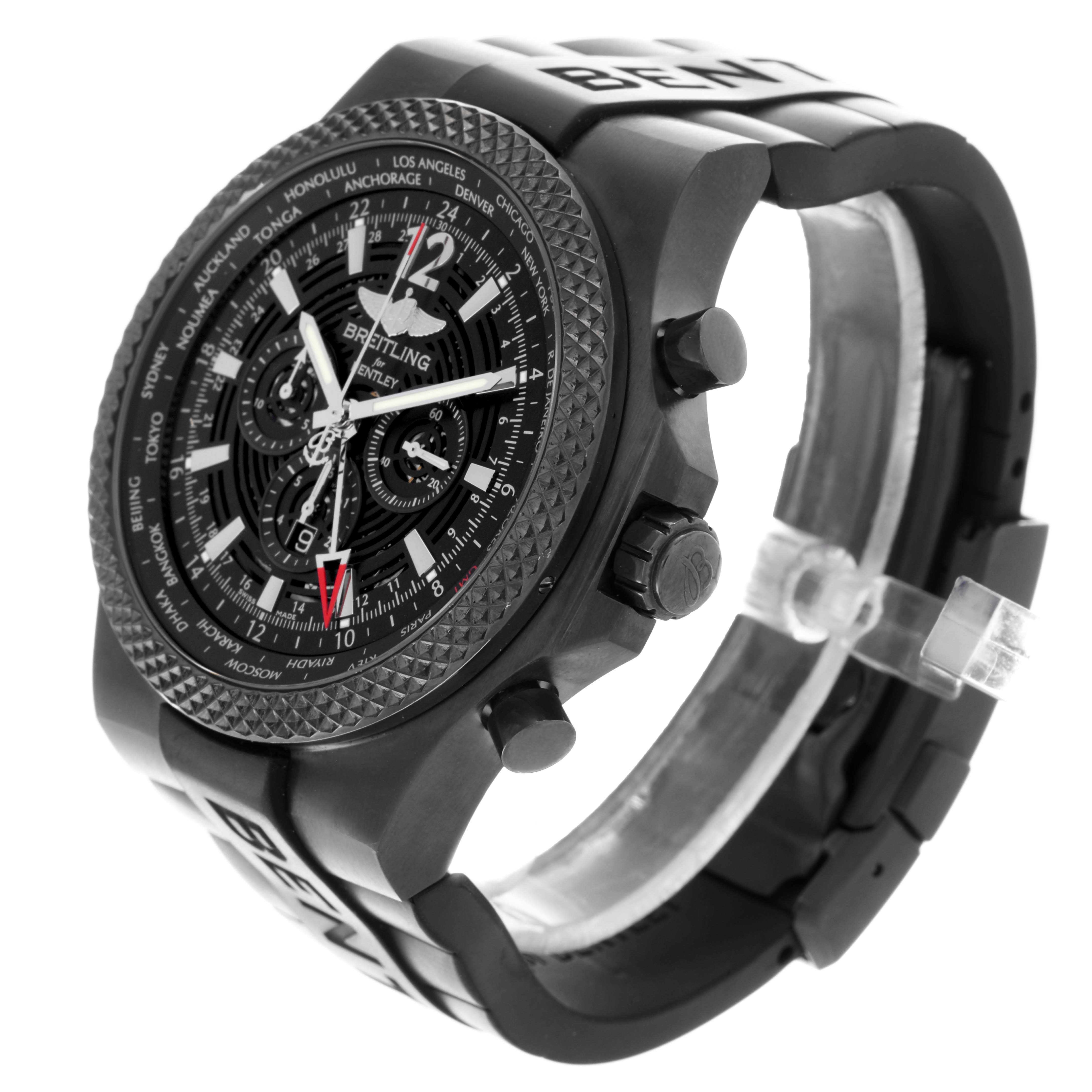 The Breitling Bentley M4736225/BC76 Men's Stainless Steel Black Dial M4736225/BC76 Men's Stainless Steel Black Dial watch is shown at an angled side view, highlighting its black case, textured bezel, and strap.