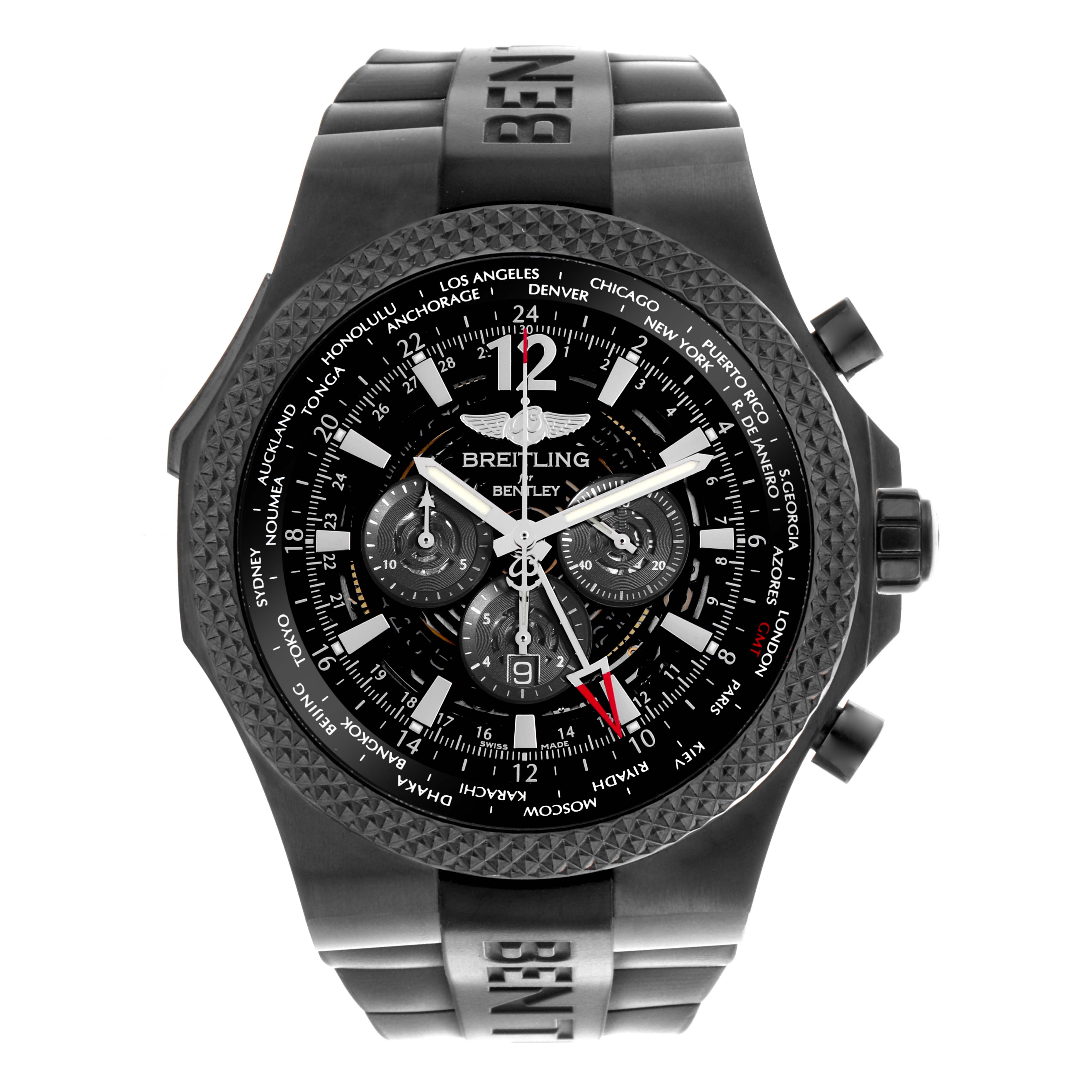 The Breitling Bentley M4736225/BC76 Men's Stainless Steel Black Dial M4736225/BC76 Men's Stainless Steel Black Dial watch is shown from a front angle, highlighting its dial, bezel, strap, and chronograph buttons.
