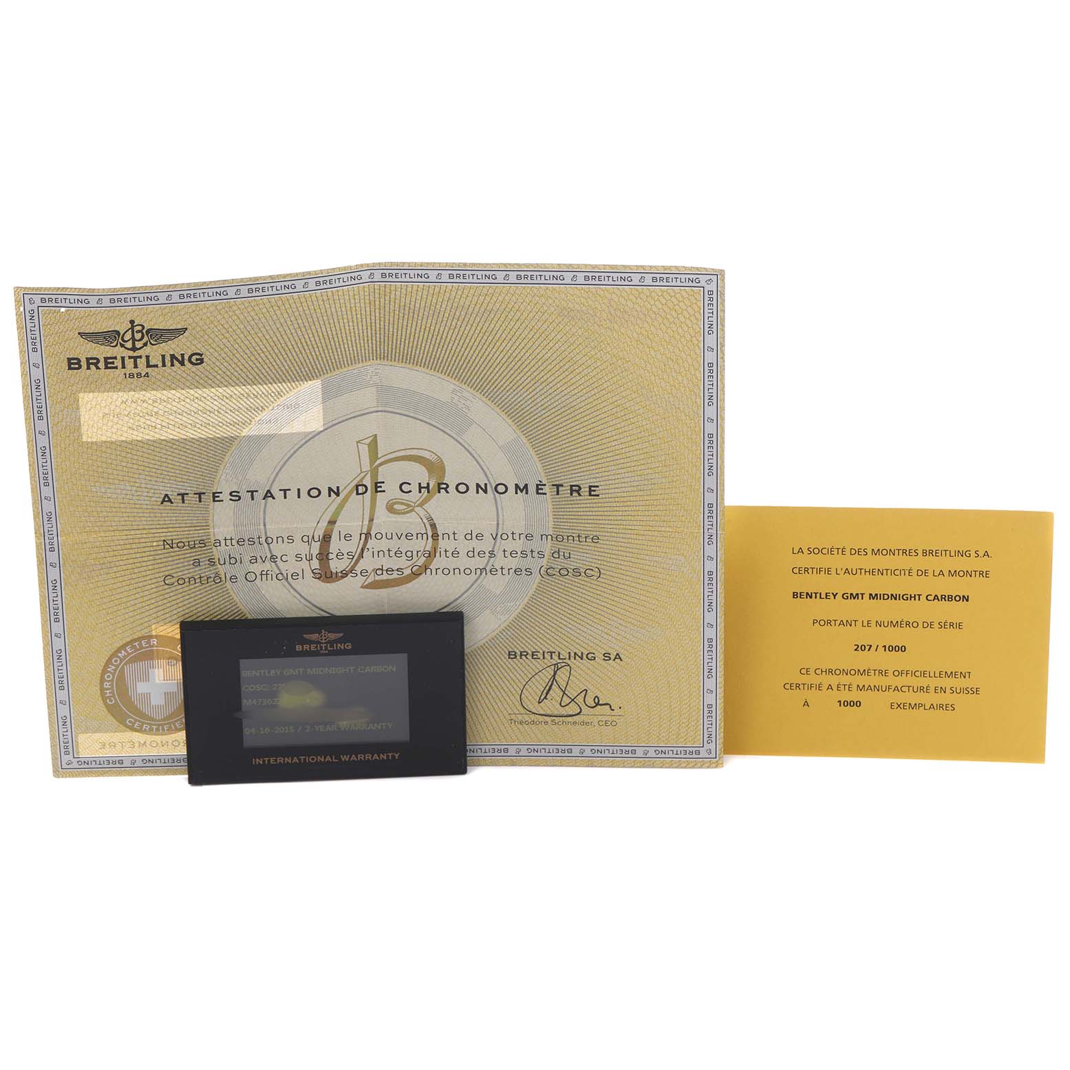 The image shows the Breitling Bentley M4736225/BC76 Men's Stainless Steel Black Dial M4736225/BC76 Men's Stainless Steel Black Dial watch certificate, warranty card, and authenticity card.