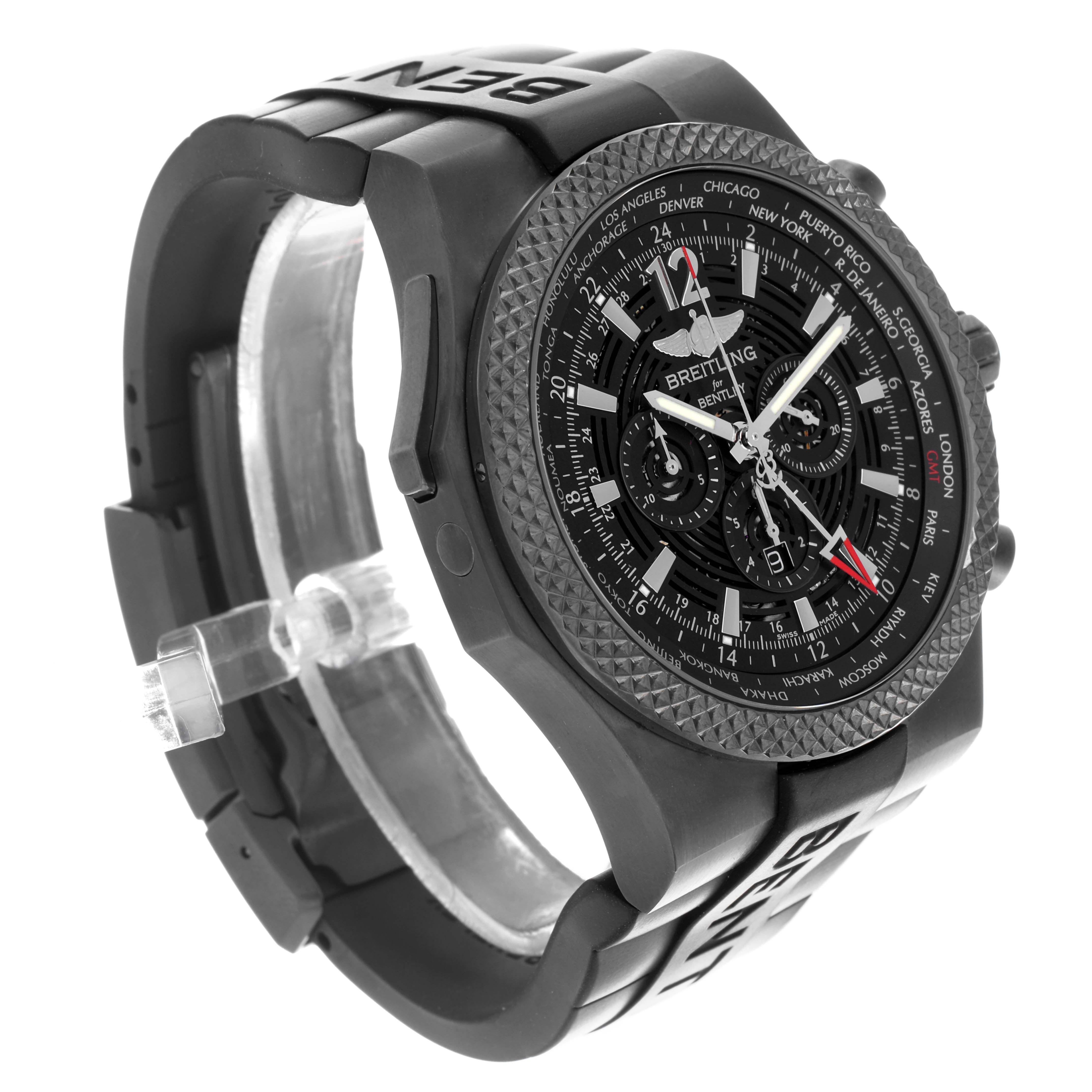 The Breitling Bentley M4736225/BC76 Men's Stainless Steel Black Dial M4736225/BC76 Men's Stainless Steel Black Dial watch is shown at an angle highlighting the case, bezel, dial, and rubber strap with embossed branding.