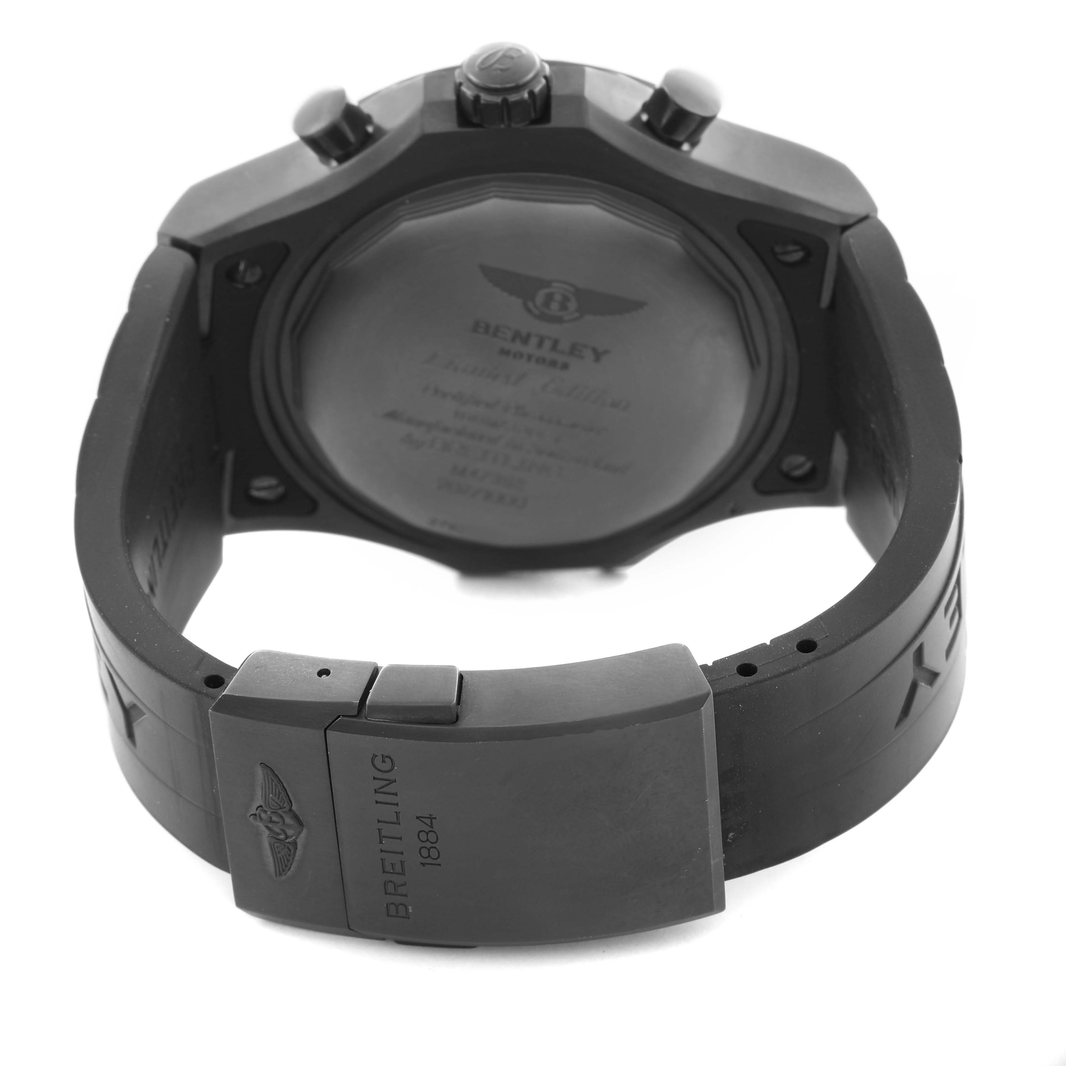 The image shows the back case and clasp of a Breitling Bentley M4736225/BC76 Men's Stainless Steel Black Dial M4736225/BC76 Men's Stainless Steel Black Dial watch with a focus on the embossed strap and clasp logos.