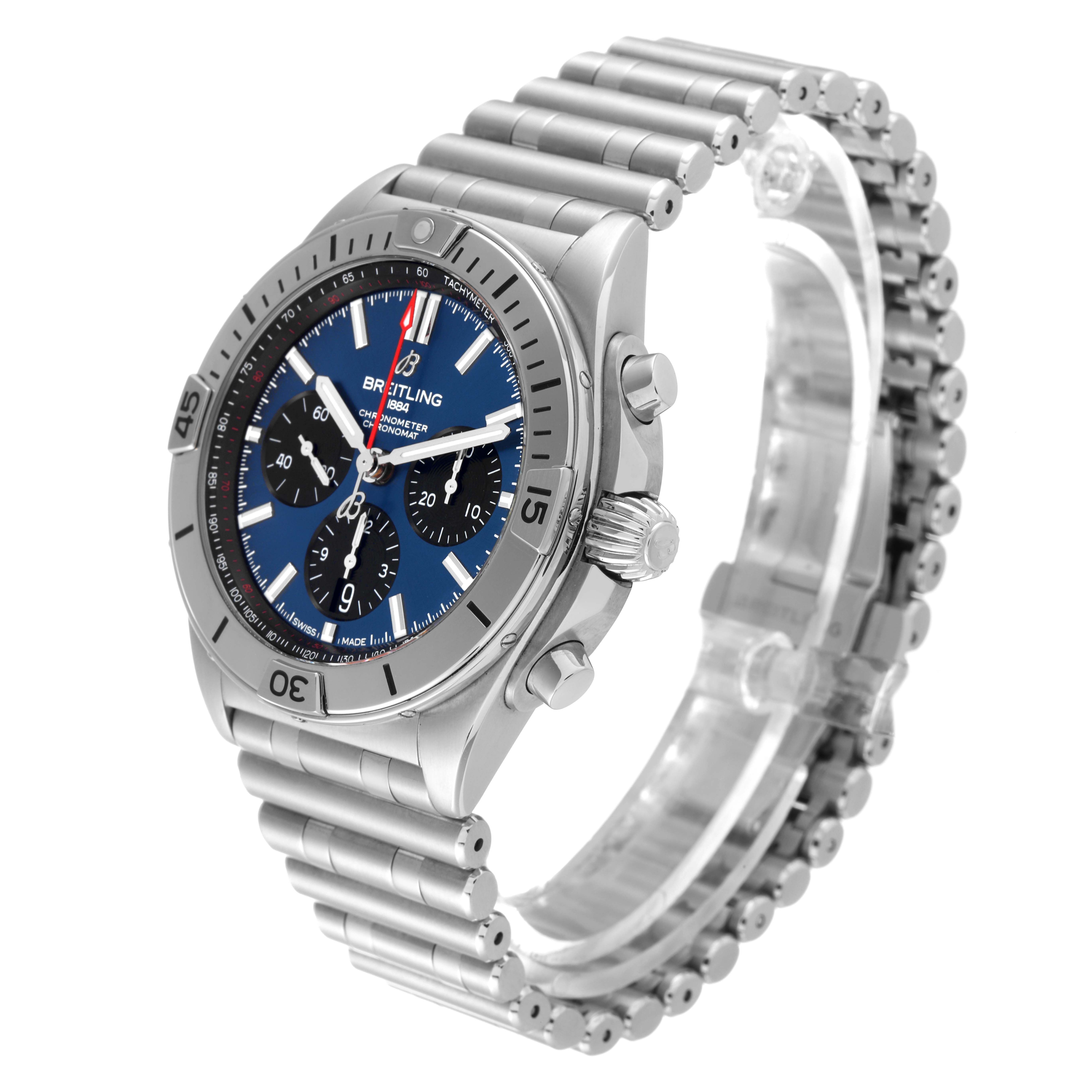 The image shows a Breitling Chronomat AB0134101C1A1 Men's Stainless Steel Blue Dial AB0134101C1A1 Men's Stainless Steel Blue Dial watch from a three-quarter angle, highlighting its blue dial, bezel, crown, and bracelet.