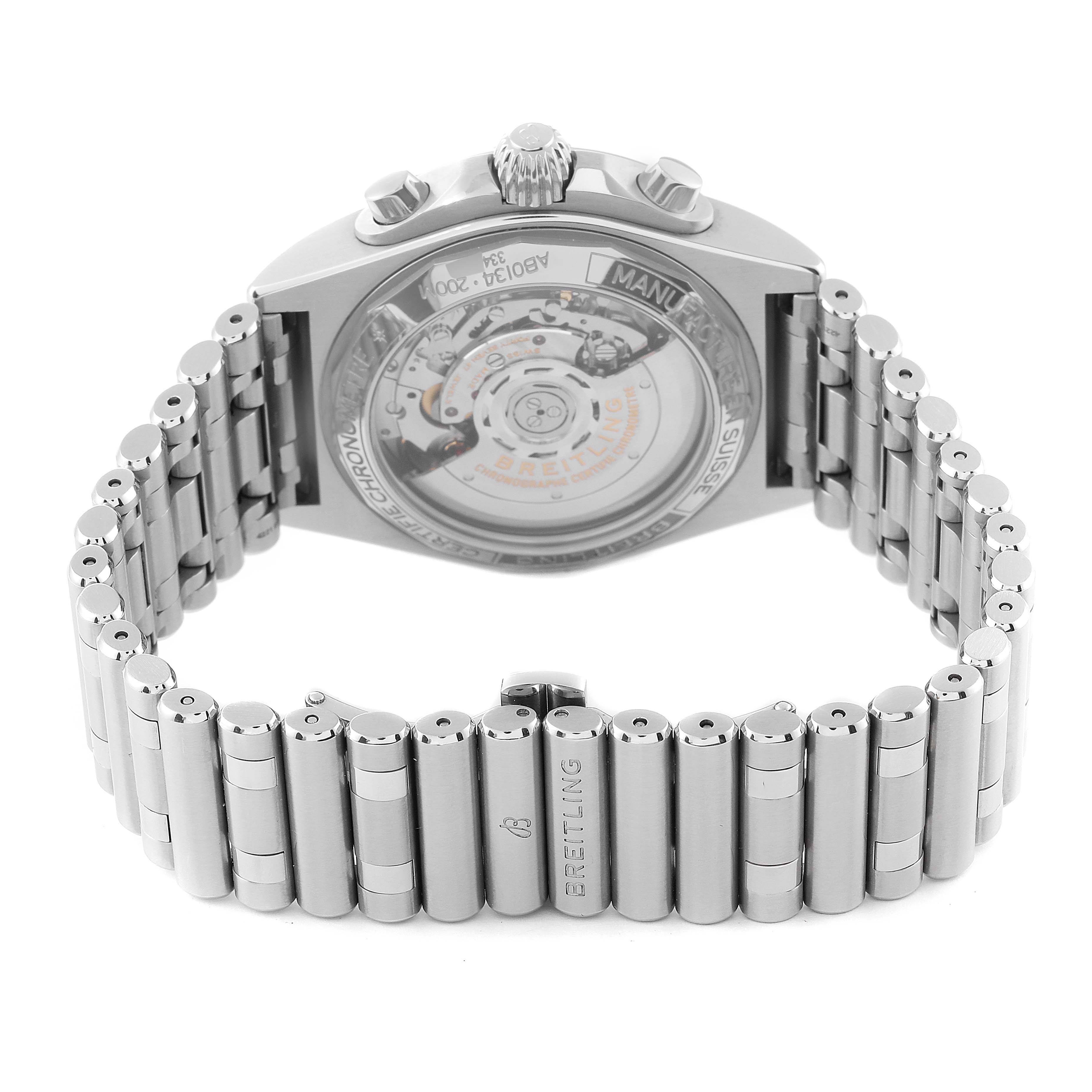 This image shows the back view of a Breitling Chronomat AB0134101C1A1 Men's Stainless Steel Blue Dial AB0134101C1A1 Men's Stainless Steel Blue Dial watch, highlighting the stainless steel bracelet and transparent case back.