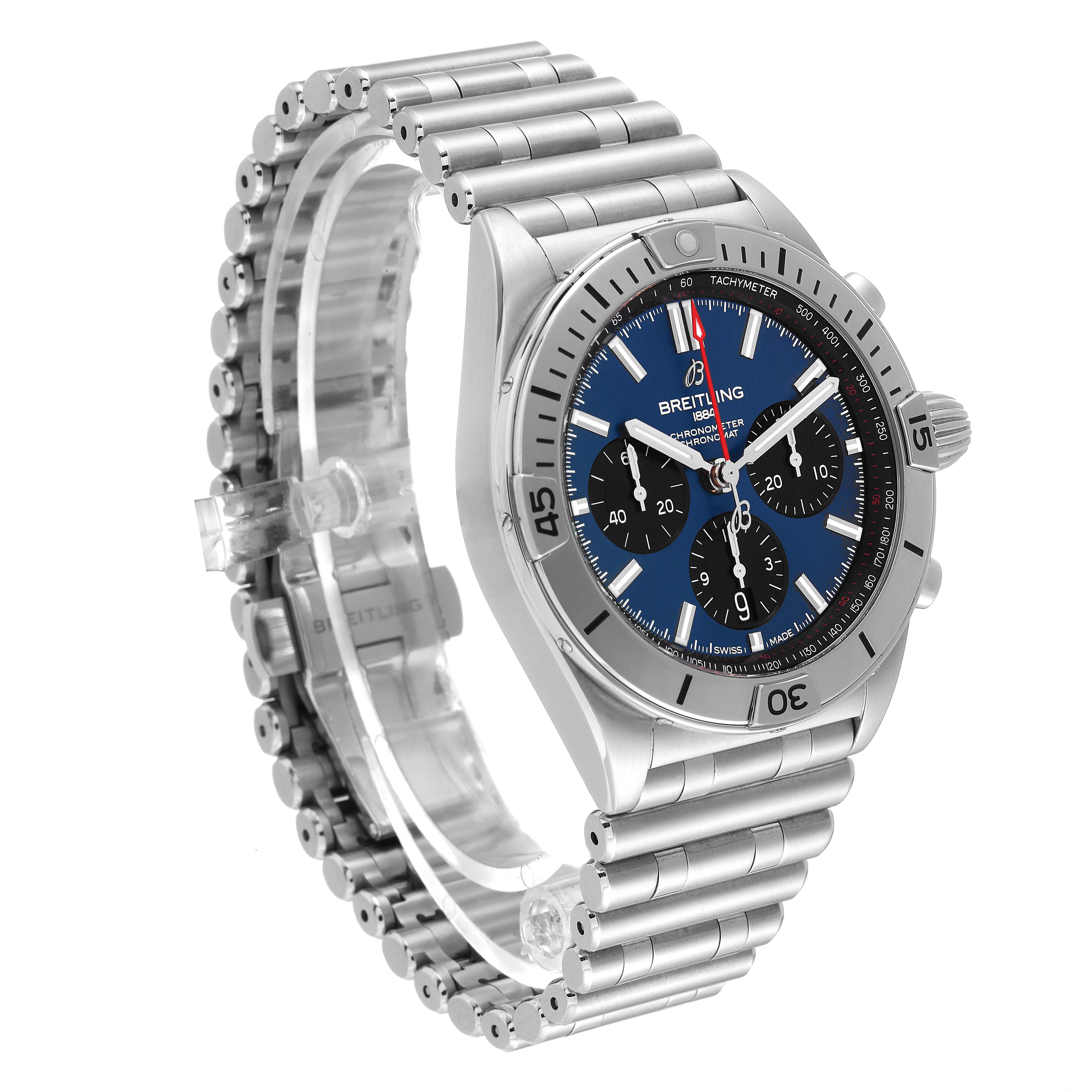 This image shows a side angle of a Breitling Chronomat AB0134101C1A1 Men's Stainless Steel Blue Dial AB0134101C1A1 Men's Stainless Steel Blue Dial watch, displaying its silver bracelet, blue dial, and sub-dials.