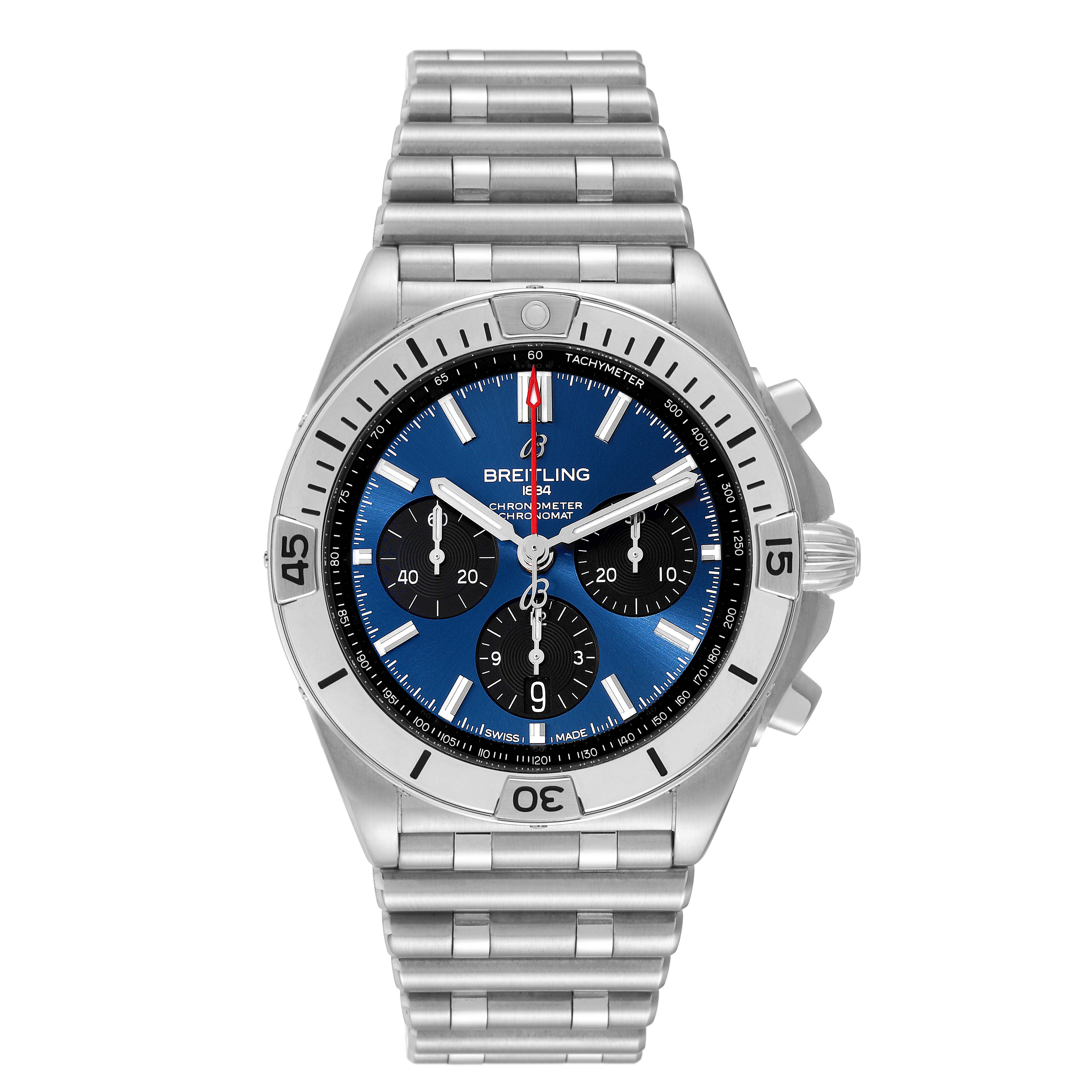 This is a front view of the Breitling Chronomat AB0134101C1A1 Men's Stainless Steel Blue Dial AB0134101C1A1 Men's Stainless Steel Blue Dial watch, showing the dial, bezel, crown, pushers, and stainless steel bracelet.