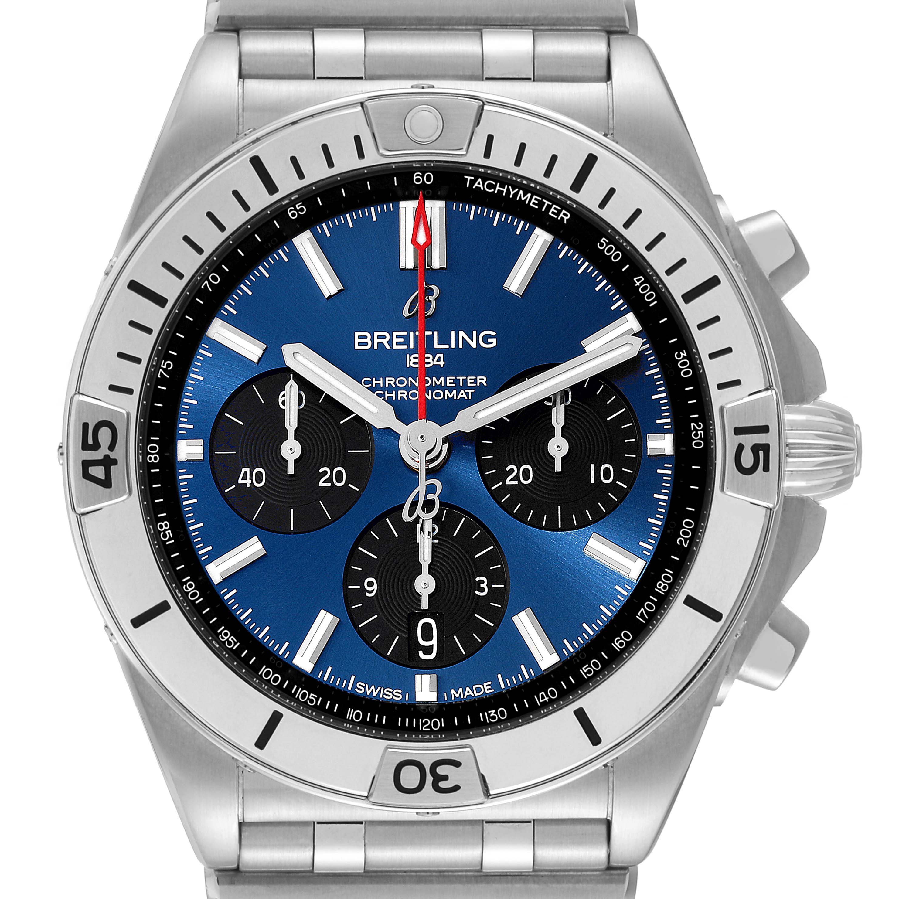 This image shows a front view of a Breitling Chronomat AB0134101C1A1 Men's Stainless Steel Blue Dial AB0134101C1A1 Men's Stainless Steel Blue Dial watch, highlighting its blue dial, chronograph subdials, and stainless steel bracelet.