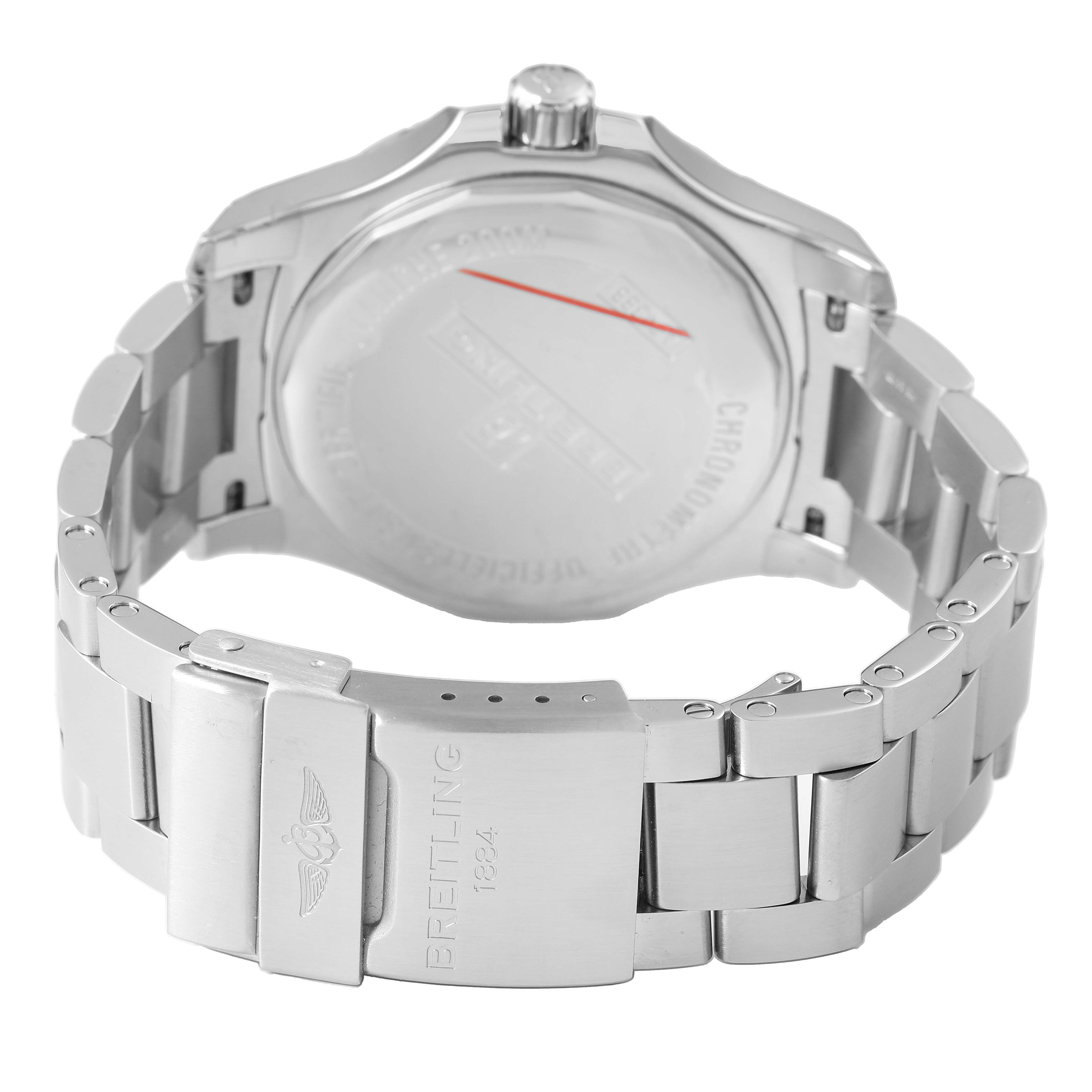 The image shows the back and clasp of the Breitling Colt A74388 Men's Stainless Steel Blue Dial watch, highlighting the stainless steel bracelet and engraved clasp.