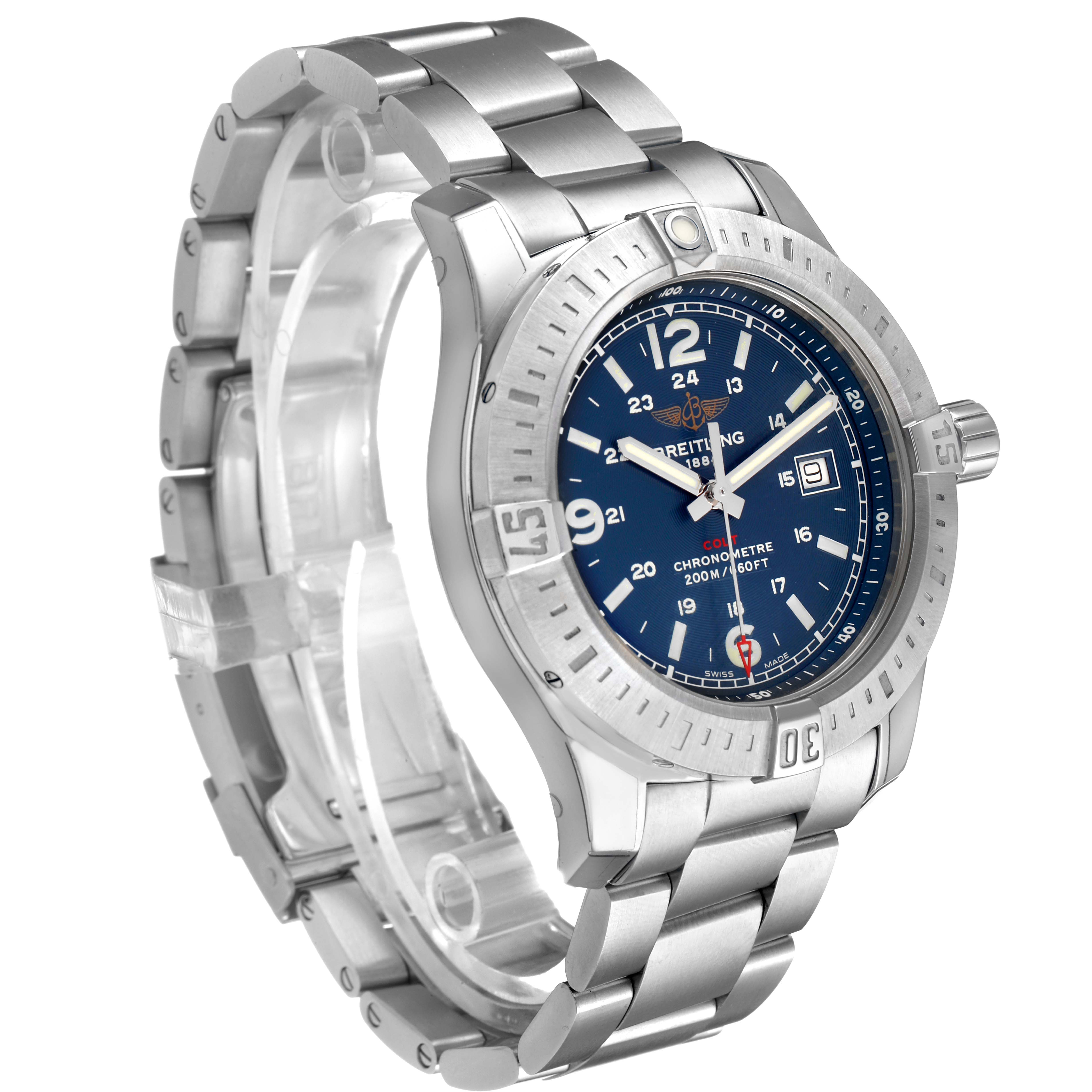 The Breitling Colt A74388 Men's Stainless Steel Blue Dial watch is shown at a three-quarter angle, highlighting the bracelet, bezel, and blue dial.