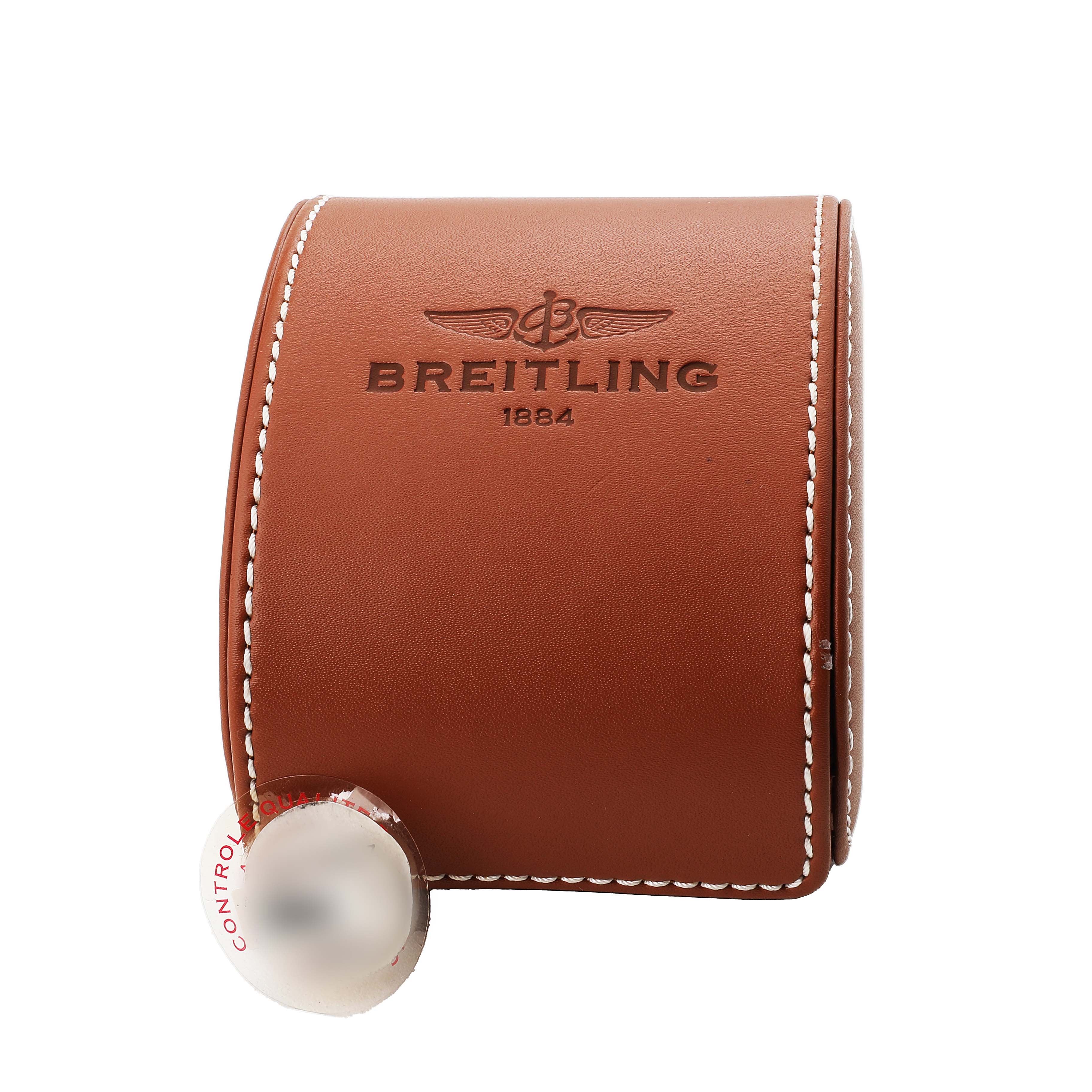 The image shows a brown leather case with the Breitling logo, likely for the Colt model watch, featuring white stitching.
