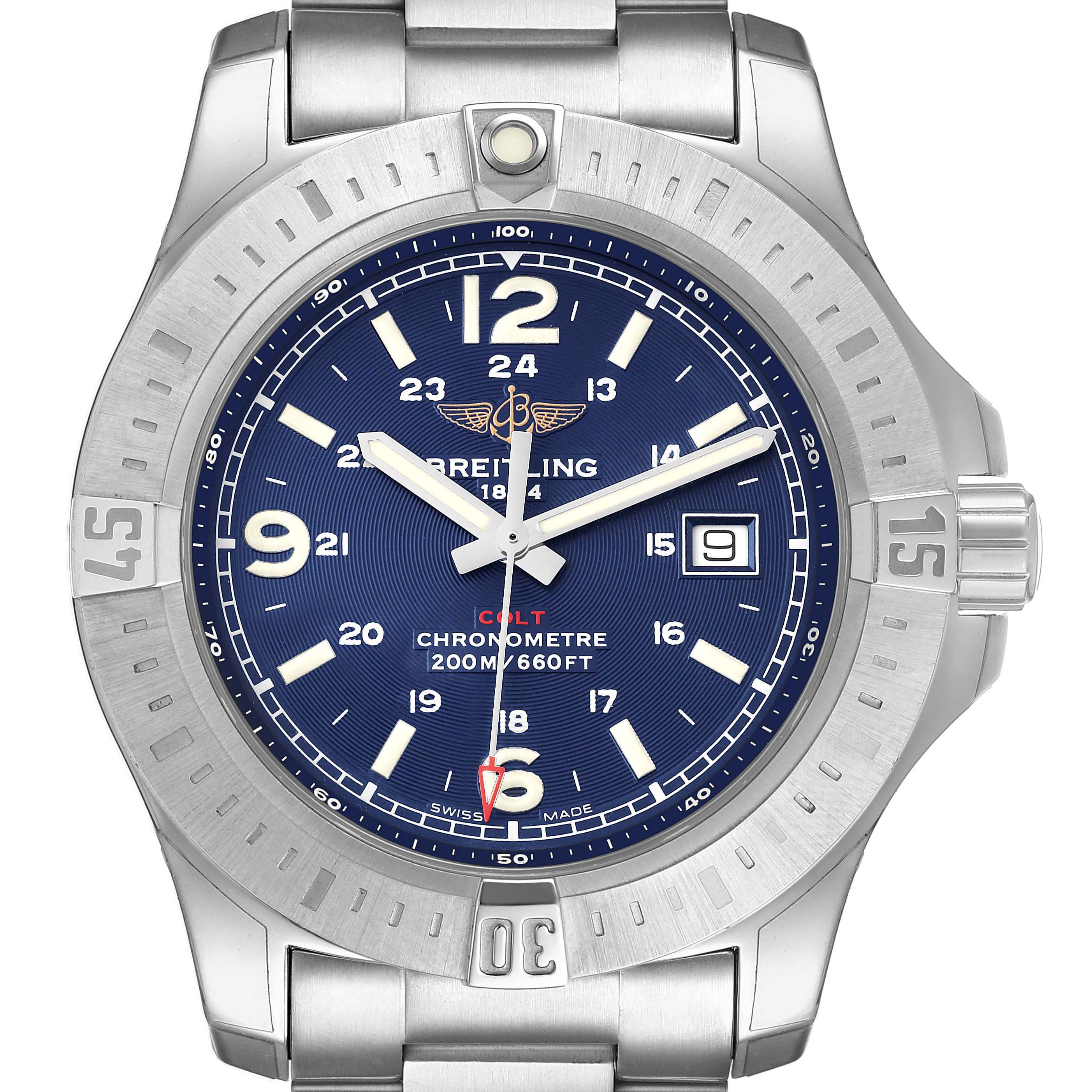 The Breitling Colt A74388 Men's Stainless Steel Blue Dial watch is shown from a front view, displaying the face, bezel, and upper bracelet links.