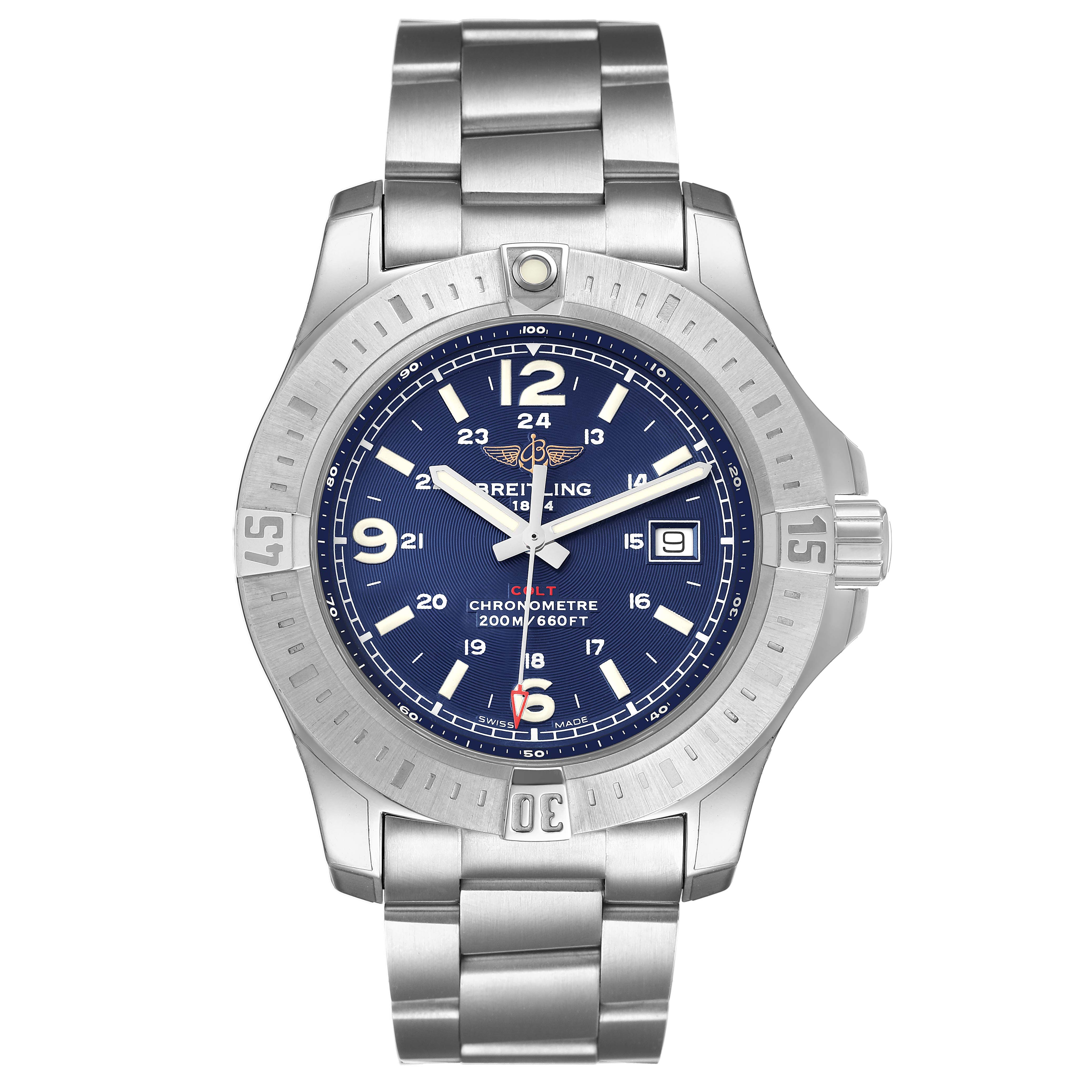 The Breitling Colt A74388 Men's Stainless Steel Blue Dial model watch is shown from the front, displaying its face, bezel, and metal bracelet.