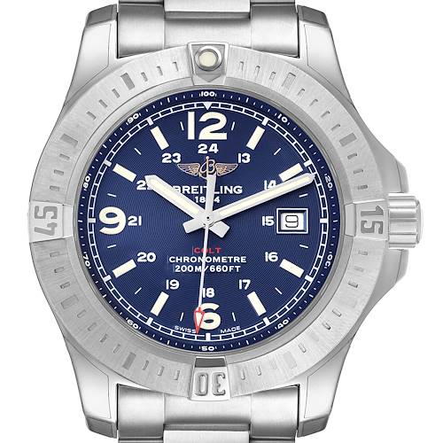 The image shows a frontal view of the Breitling Colt A74388 Men's Stainless Steel Blue Dial watch, displaying its dial, bezel, and part of the bracelet.