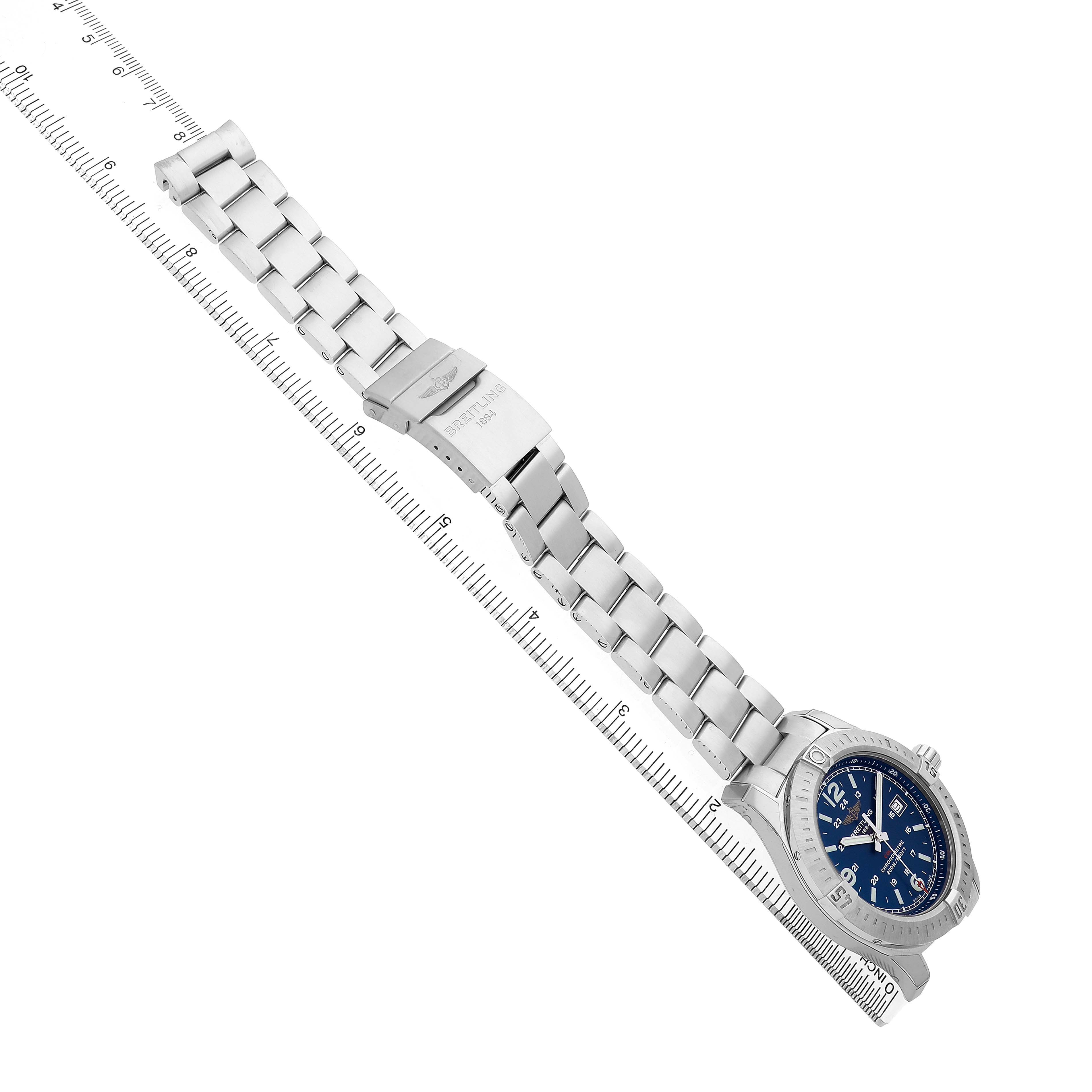 The Breitling Colt A74388 Men's Stainless Steel Blue Dial watch is shown from a top-down angle, displaying the face, bracelet, and clasp.
