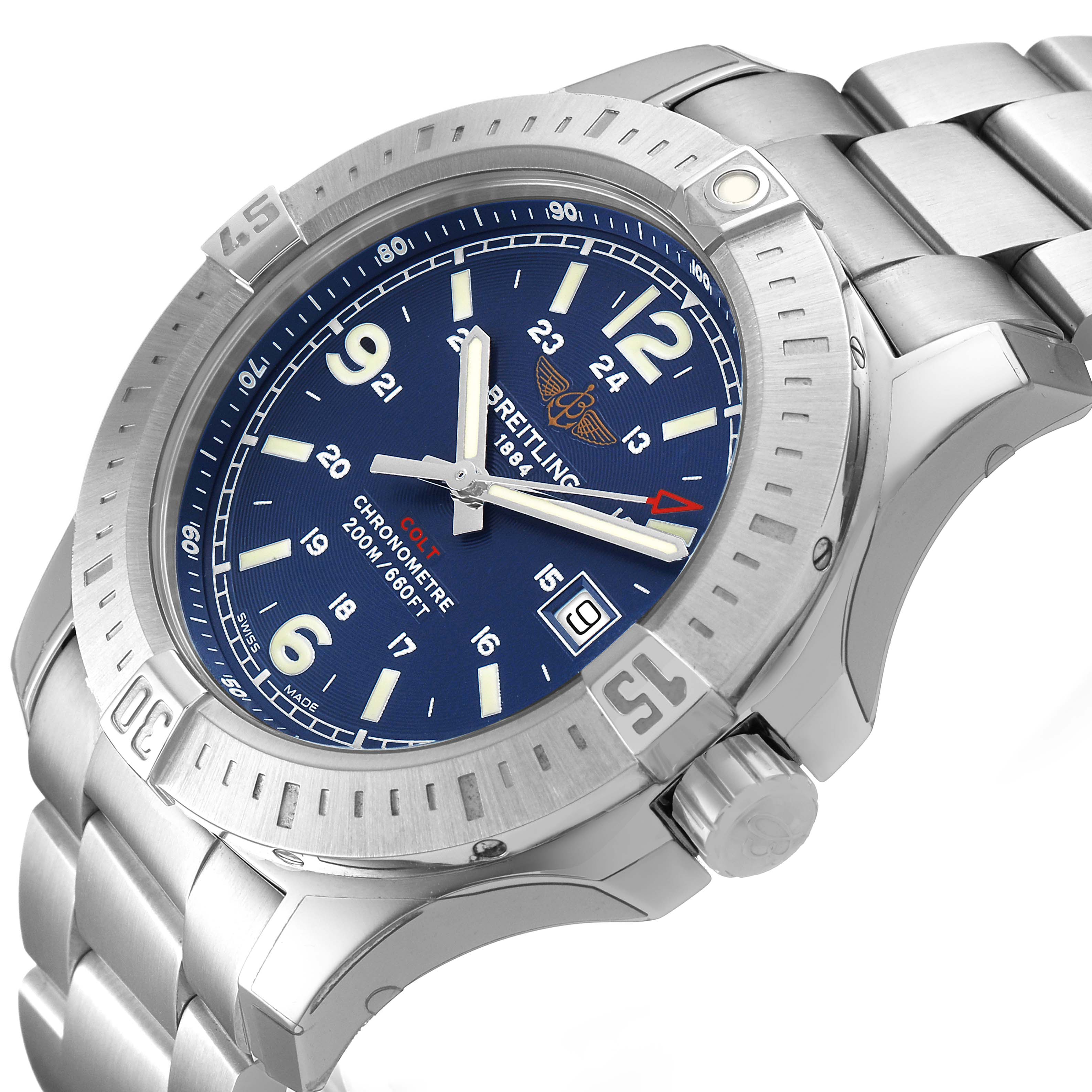 The Breitling Colt A74388 Men's Stainless Steel Blue Dial watch is shown at a three-quarter angle, displaying the case, bezel, blue dial, bracelet, and crown.