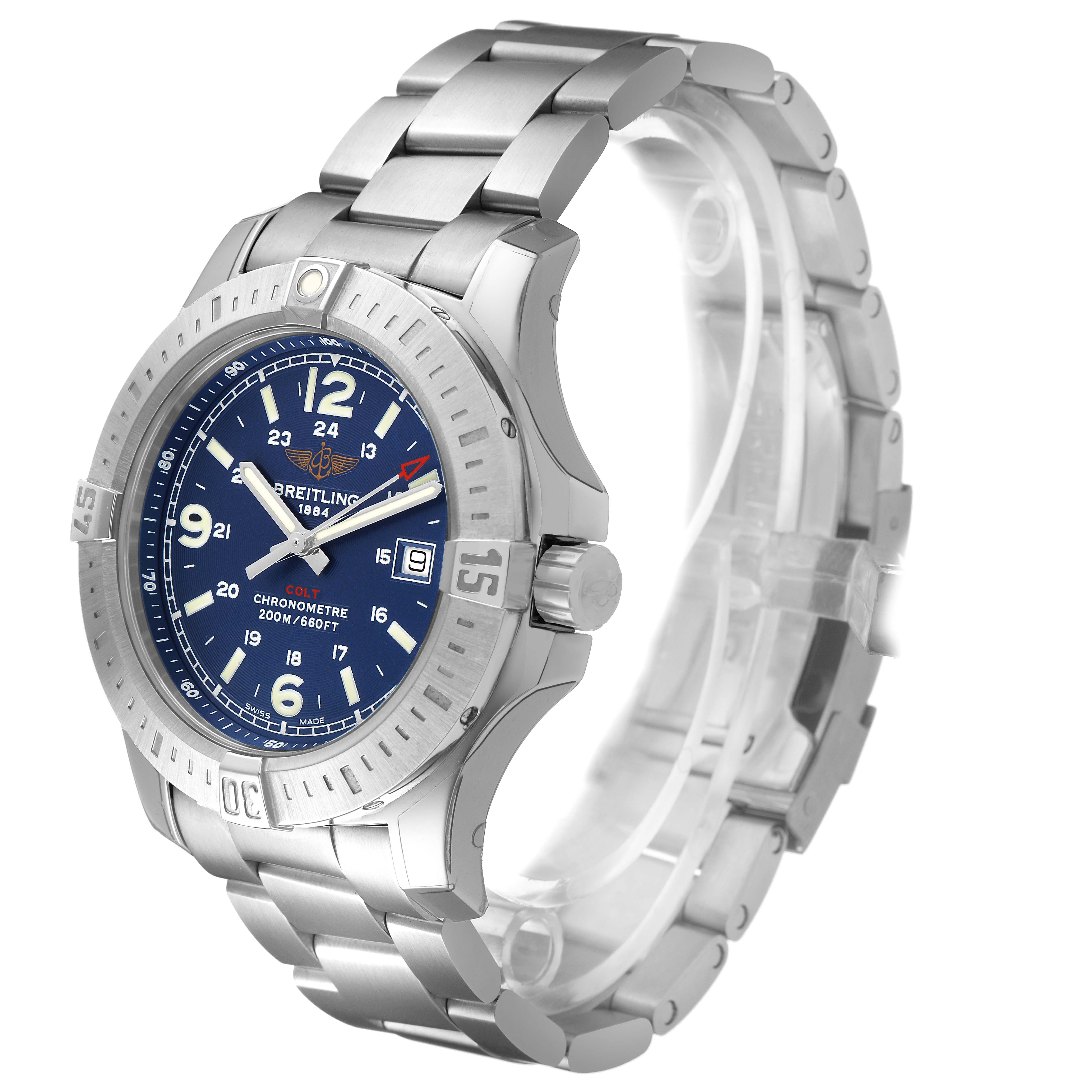 The Breitling Colt A74388 Men's Stainless Steel Blue Dial watch is shown at a three-quarter angle, highlighting the bezel, dial, crown, and metal bracelet.