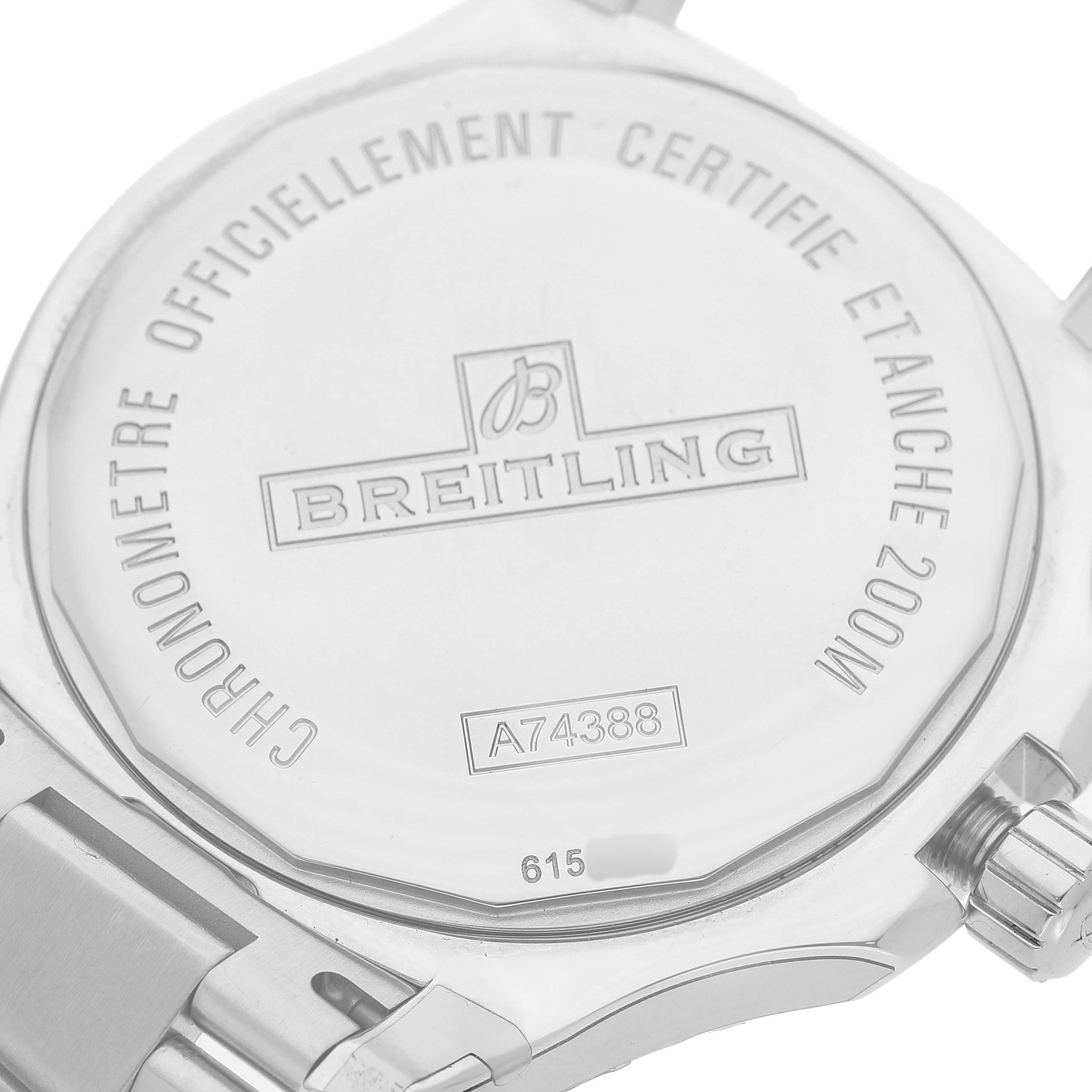 The image shows the back of a Breitling Colt A74388 Men's Stainless Steel Blue Dial watch, highlighting the case back and part of the bracelet.