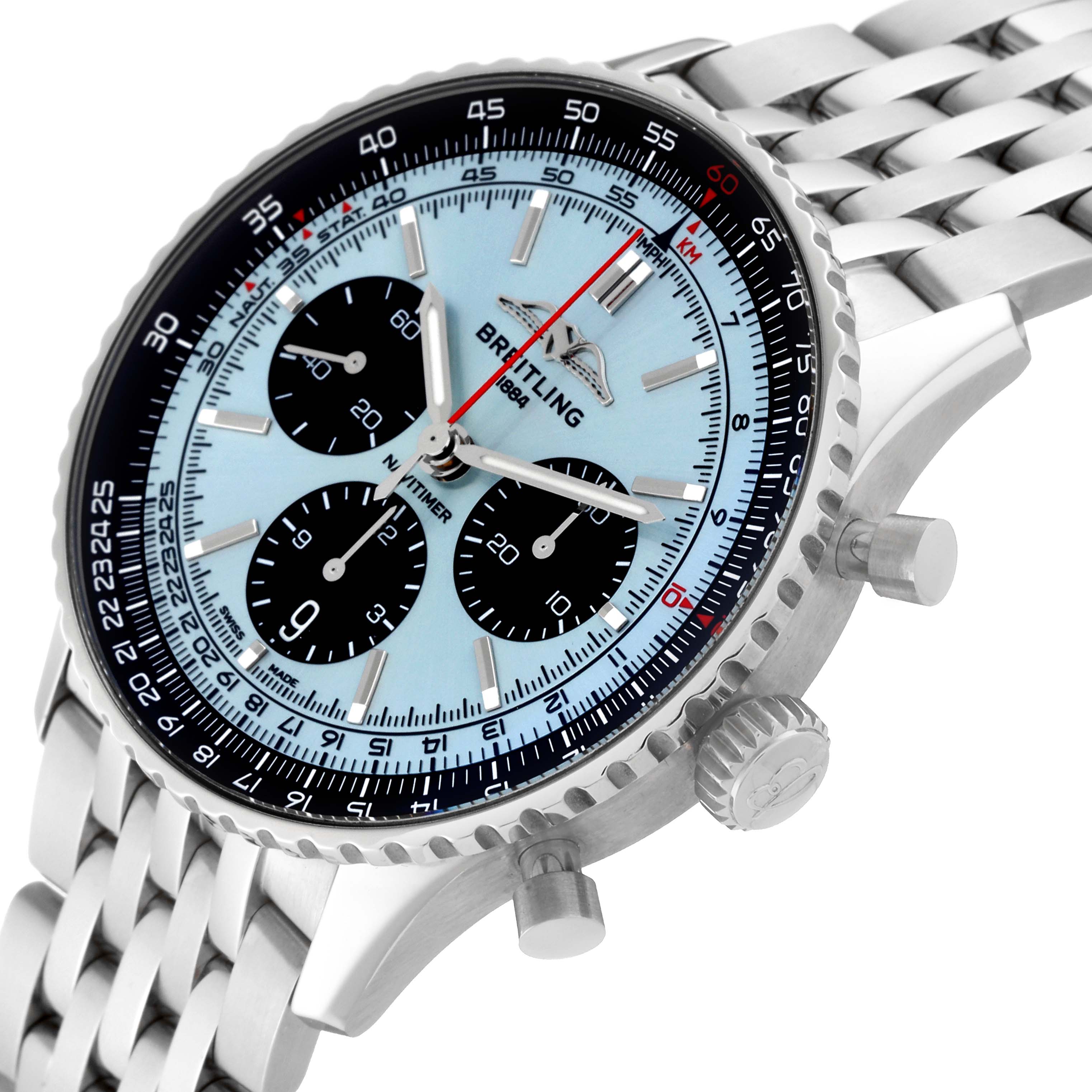 The image shows a Breitling Navitimer AB0138241C1A1 Men
s Stainless Steel Blue Dial AB0138241C1A1 Men
s Stainless Steel Blue Dial watch angled to display its face, bezel, crown, and part of the bracelet.