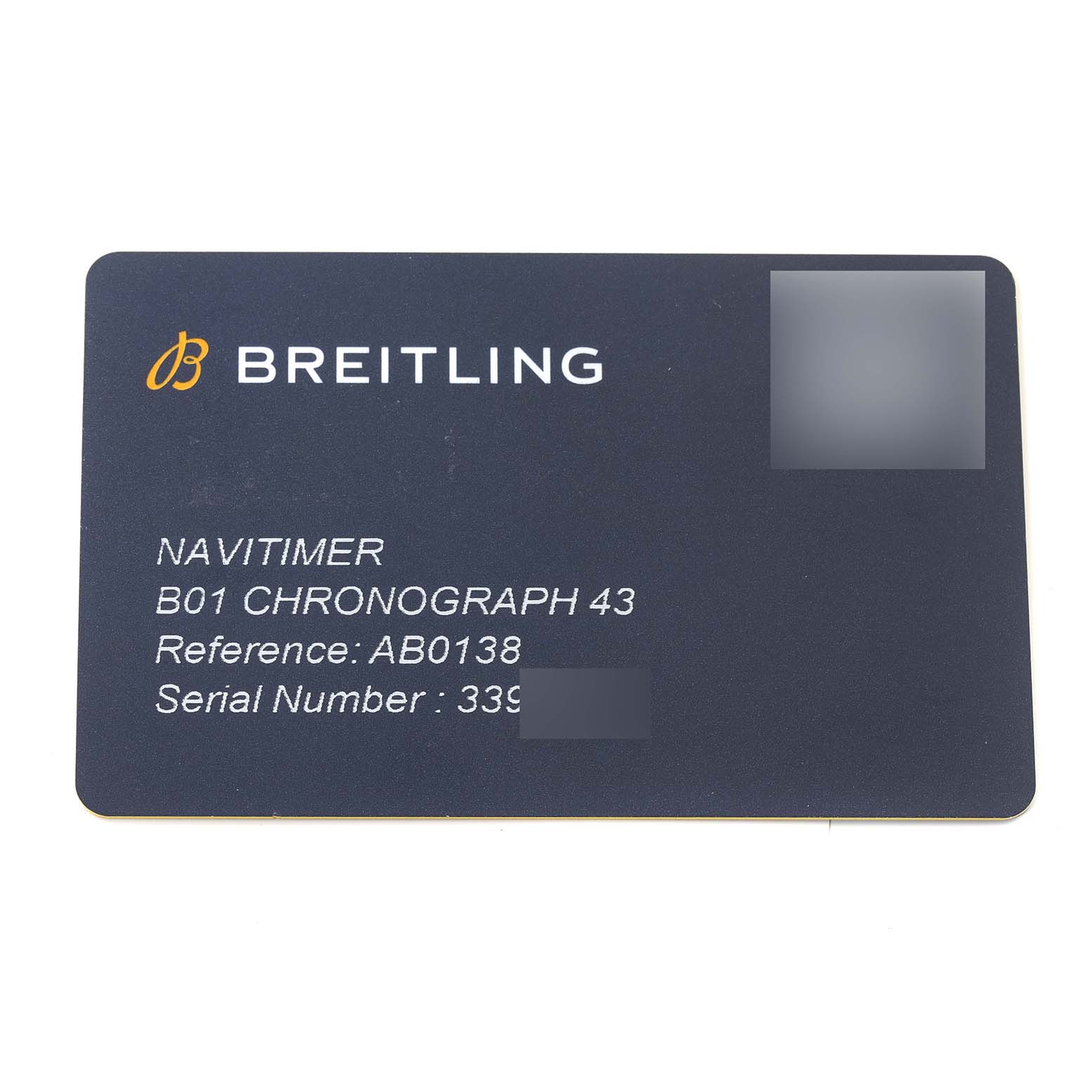 The image shows a Breitling Navitimer AB0138241C1A1 Men
s Stainless Steel Blue Dial AB0138241C1A1 Men
s Stainless Steel Blue Dial identification card, indicating the model B01 Chronograph 43 and its reference and serial numbers.