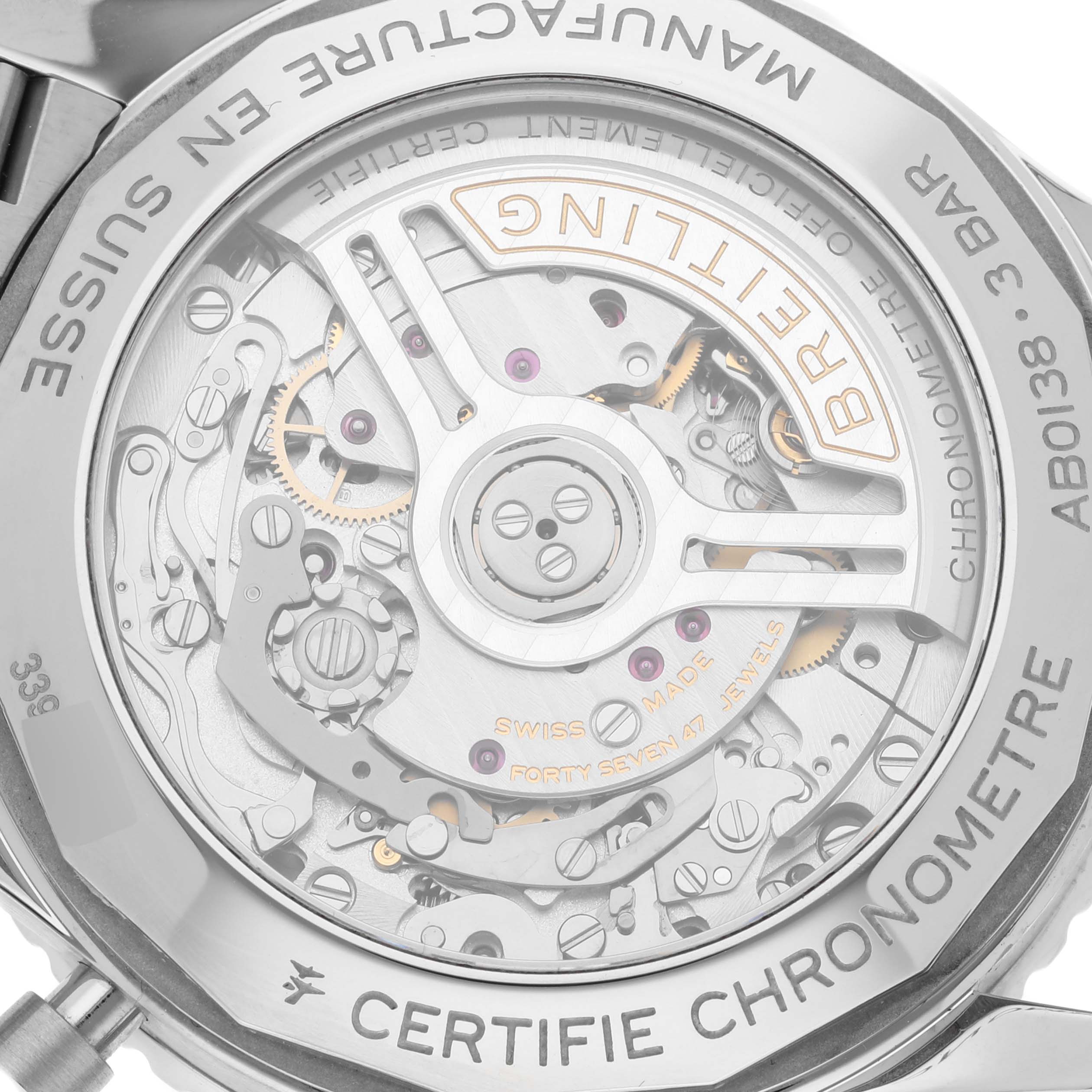 The image shows the back of the Breitling Navitimer AB0138241C1A1 Men
s Stainless Steel Blue Dial AB0138241C1A1 Men
s Stainless Steel Blue Dial watch, highlighting its intricate mechanical movement.