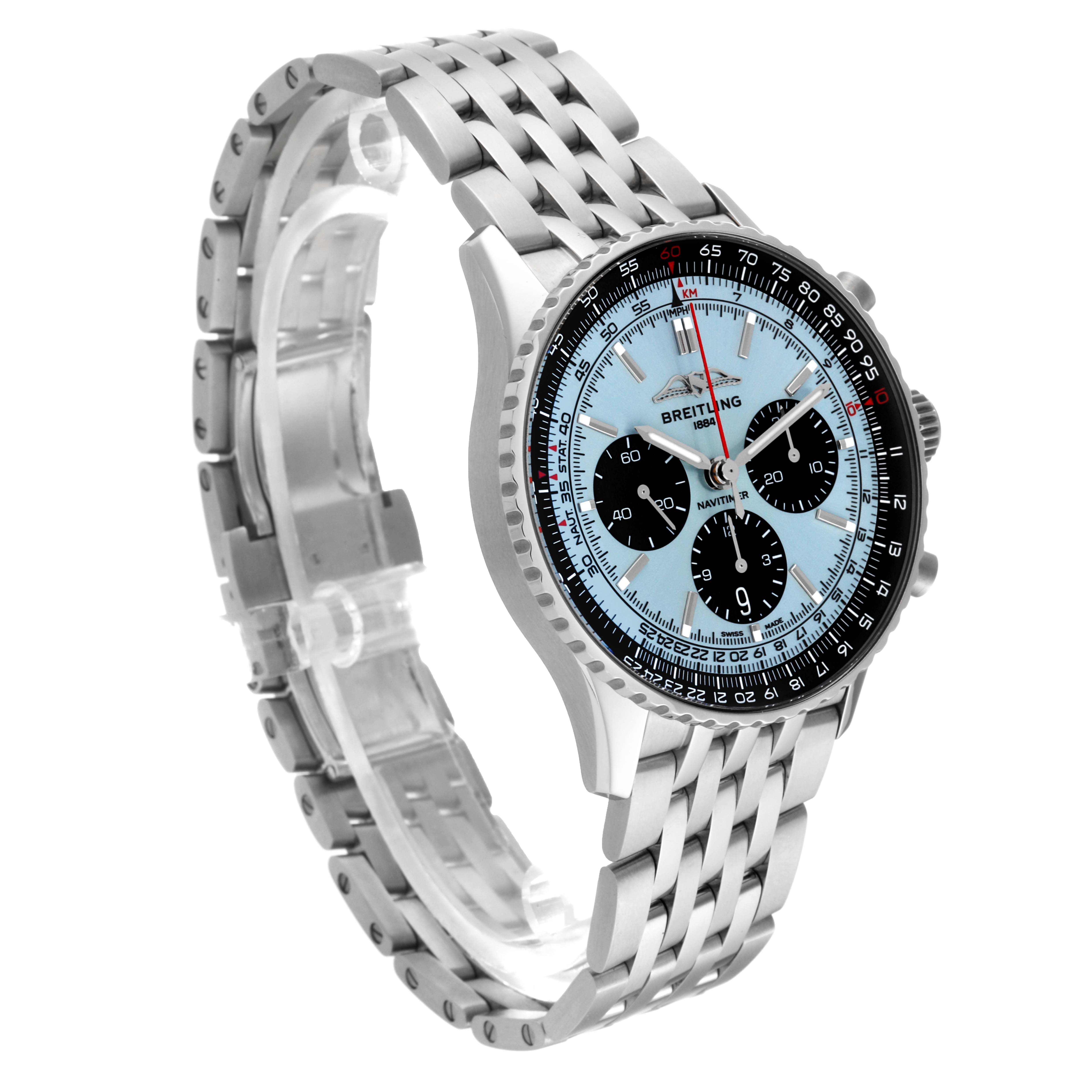 This image shows a Breitling Navitimer AB0138241C1A1 Men
s Stainless Steel Blue Dial AB0138241C1A1 Men
s Stainless Steel Blue Dial watch from an angled side view, highlighting the face and the metal bracelet.