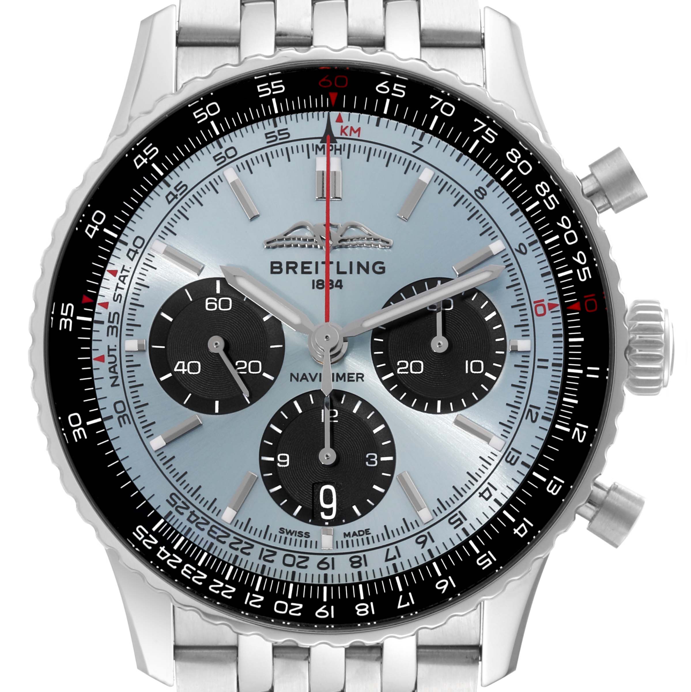 The image shows a frontal view of the Breitling Navitimer AB0138241C1A1 Men
s Stainless Steel Blue Dial AB0138241C1A1 Men
s Stainless Steel Blue Dial watch, highlighting the dial, bezel, and part of the metal bracelet.