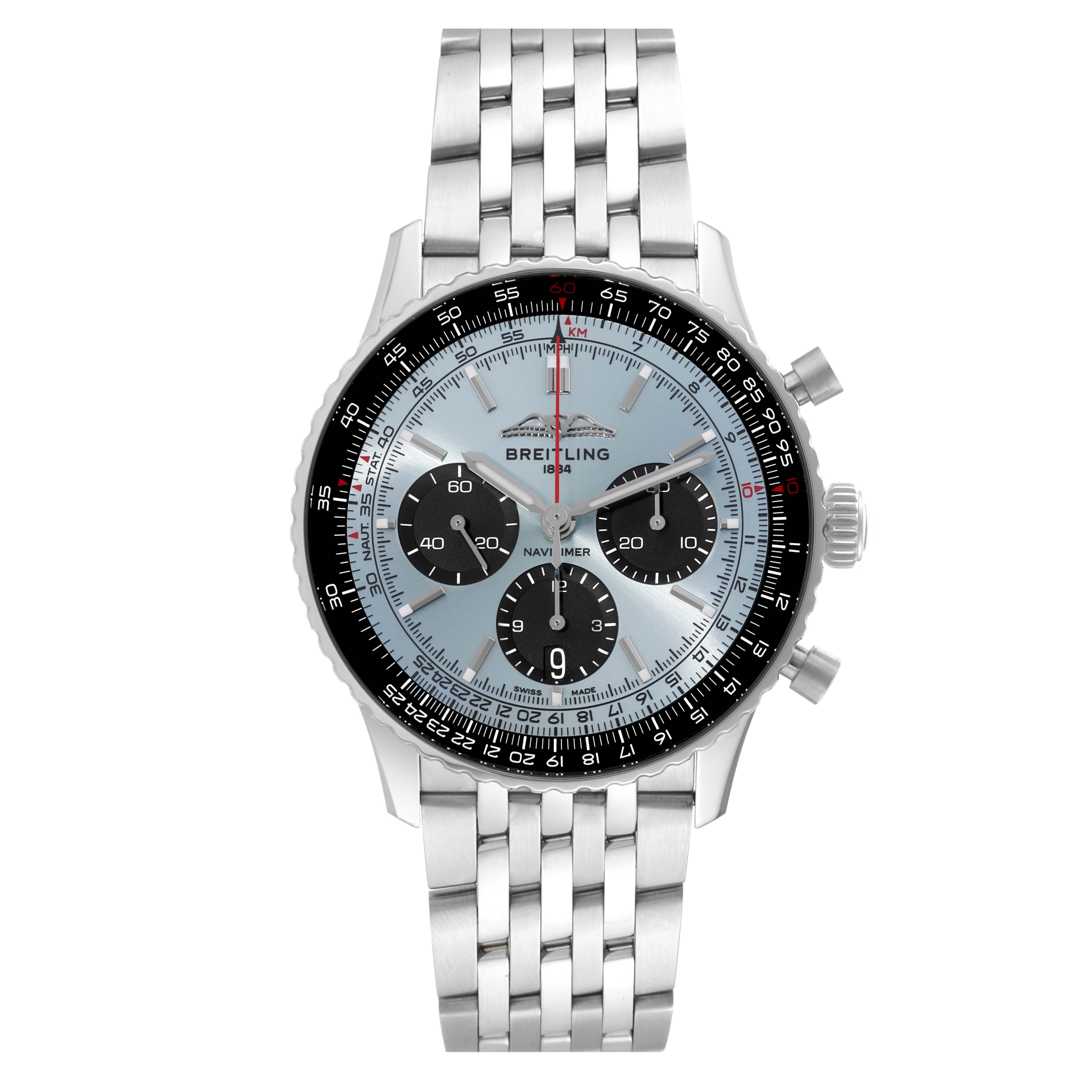 The image shows a front view of the Breitling Navitimer AB0138241C1A1 Men
s Stainless Steel Blue Dial AB0138241C1A1 Men
s Stainless Steel Blue Dial watch, highlighting the face, chronograph subdials, and metal bracelet.