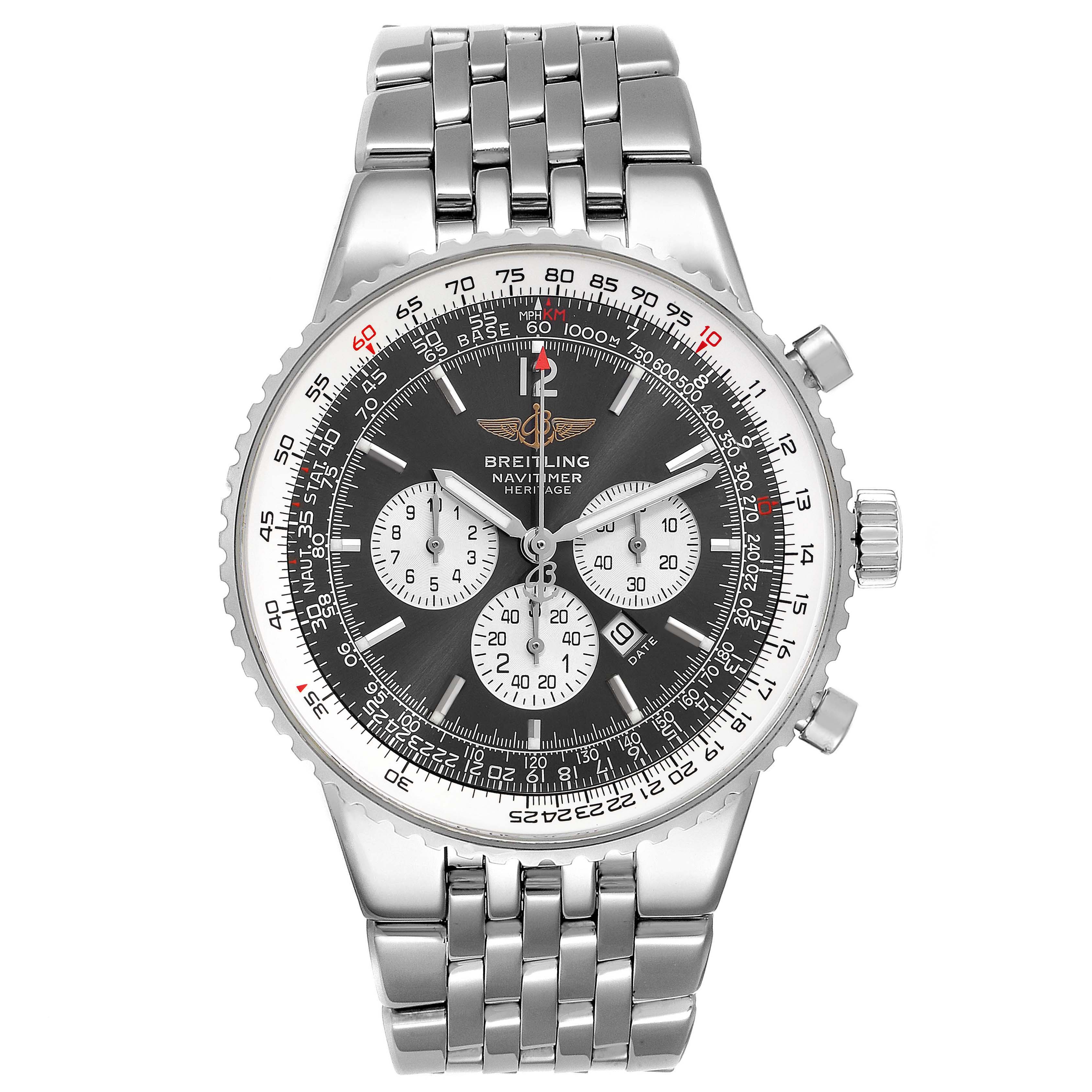 The image shows a front view of a Breitling Navitimer A35340 Men
s Stainless Steel Grey Dial A35340 Men
s Stainless Steel Grey Dial watch, displaying its stainless steel bracelet, chronograph dials, and bezel.