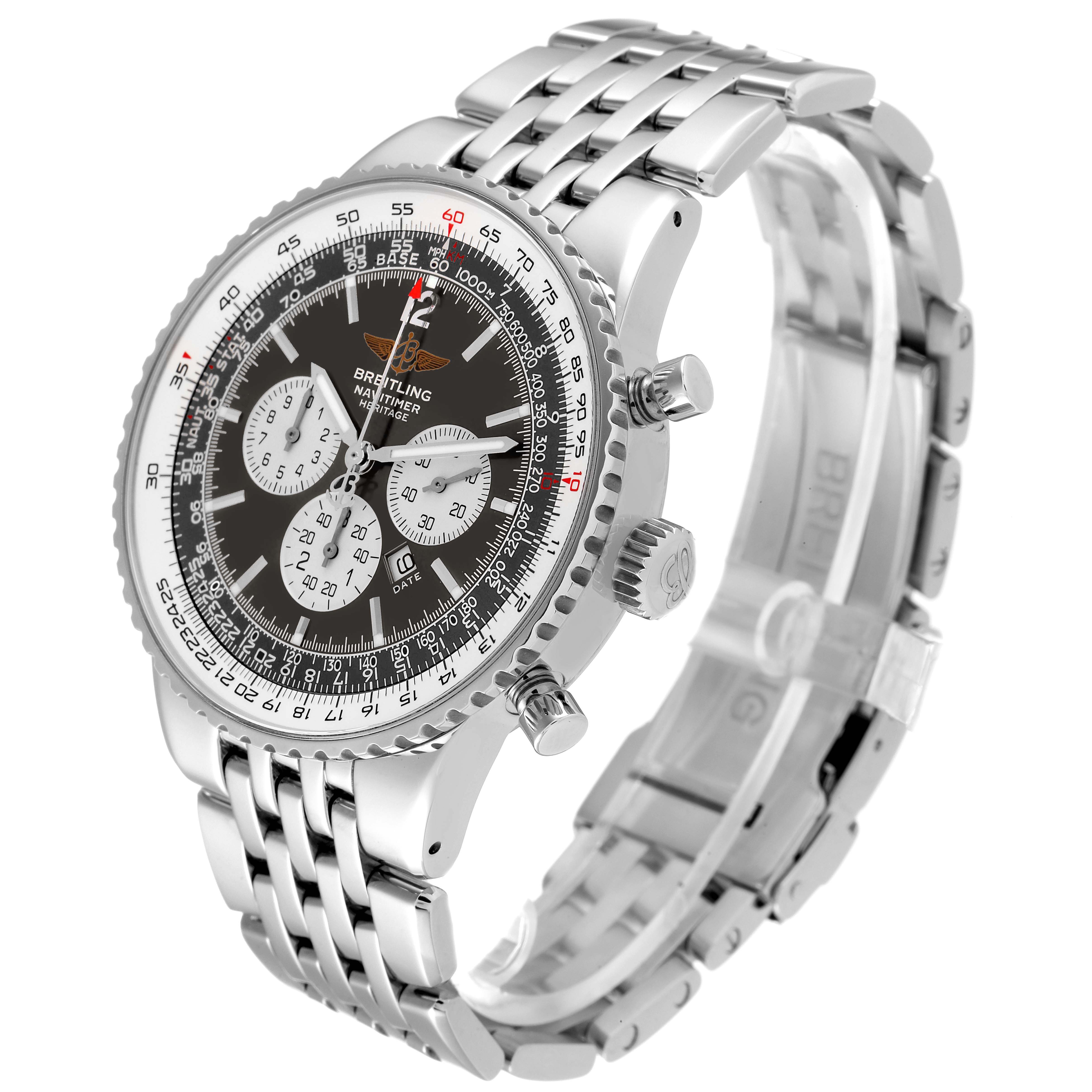 The image shows a Breitling Navitimer A35340 Men
s Stainless Steel Grey Dial A35340 Men
s Stainless Steel Grey Dial watch from an oblique angle, highlighting the dial, bezel, crown, pushers, and bracelet.