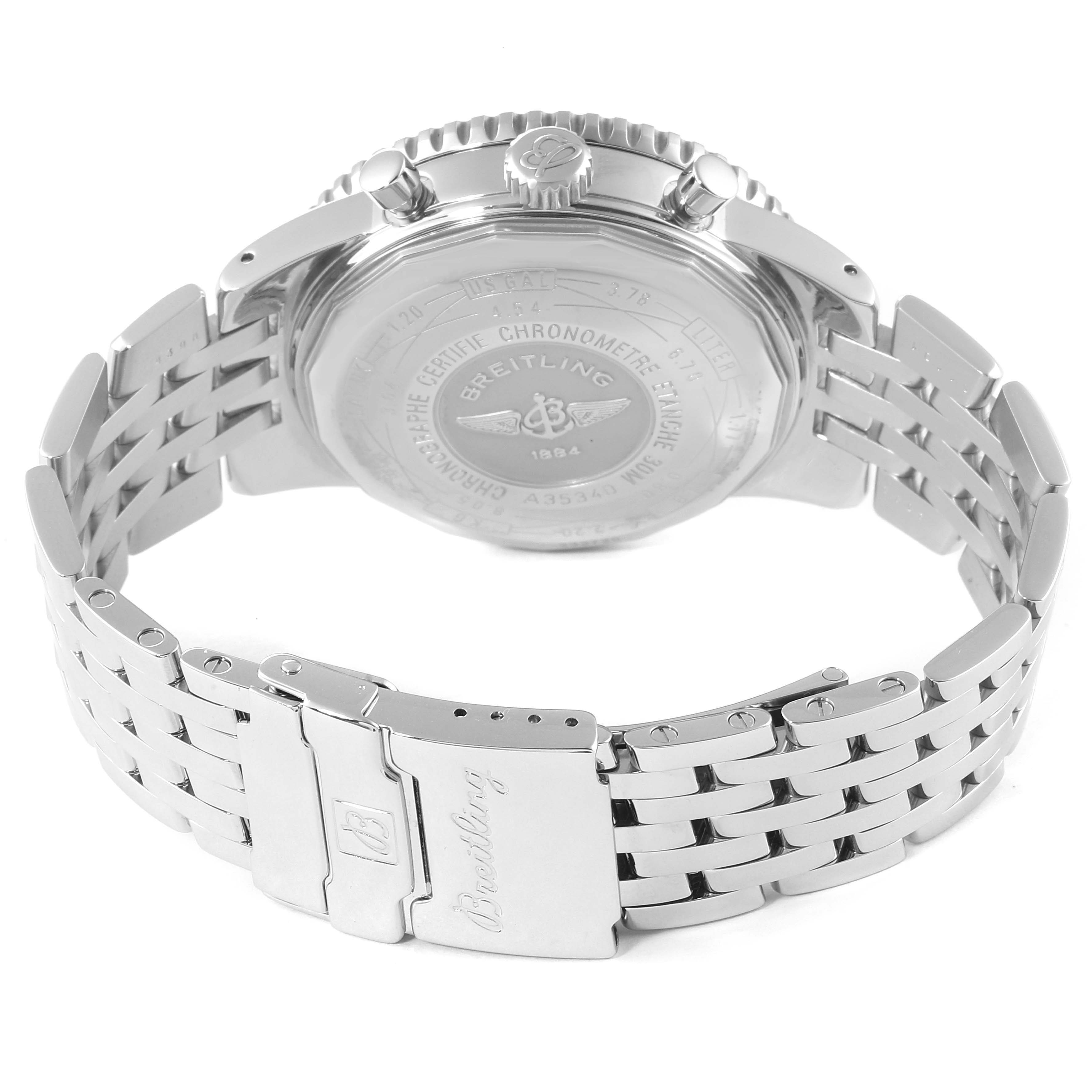 The image shows the back of a Breitling Navitimer A35340 Men
s Stainless Steel Grey Dial A35340 Men
s Stainless Steel Grey Dial watch, highlighting the engraved case back and part of the metal bracelet.