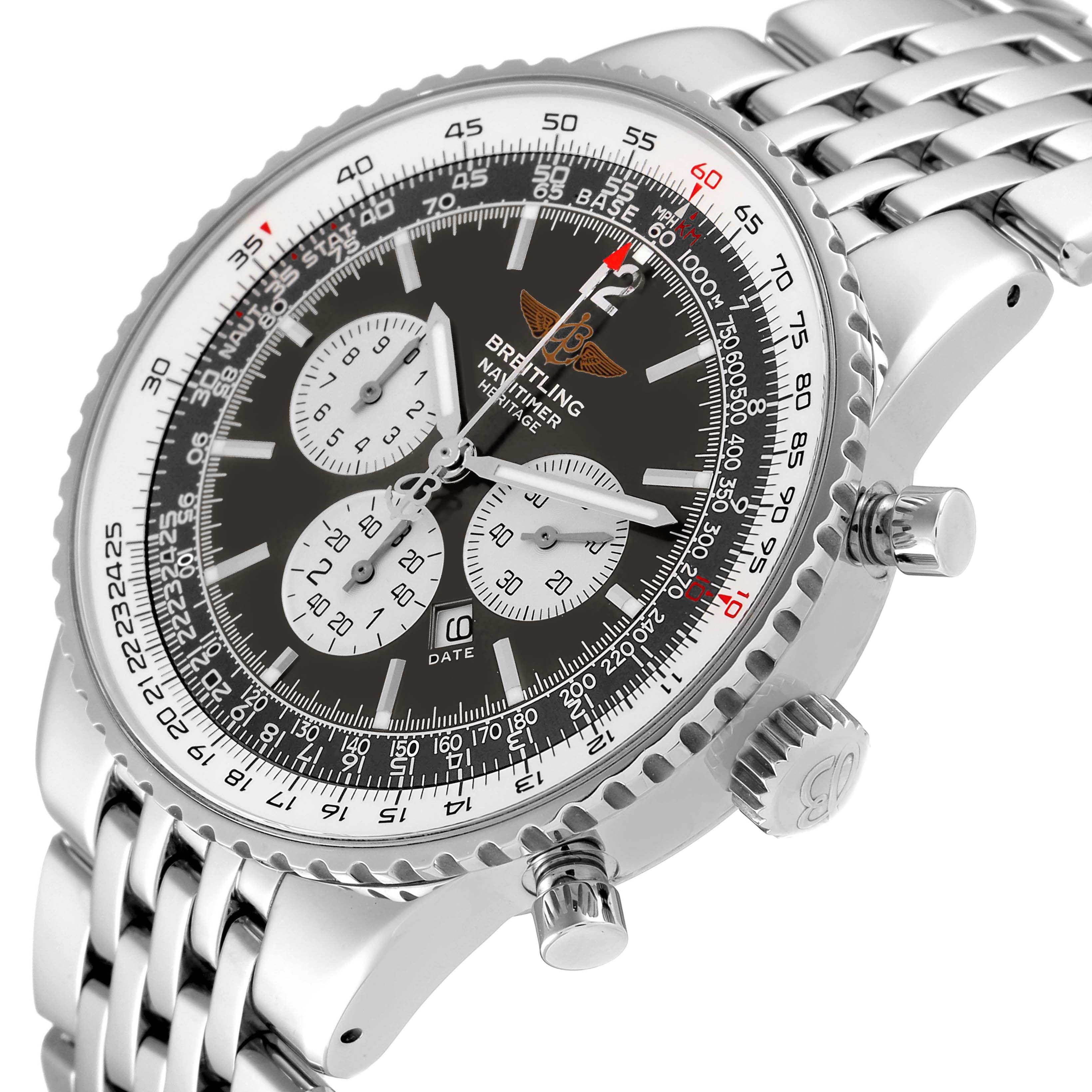 The image shows a Breitling Navitimer A35340 Men
s Stainless Steel Grey Dial A35340 Men
s Stainless Steel Grey Dial watch tilted at a side angle, displaying its bezel, face, crown, two pushers, and bracelet.