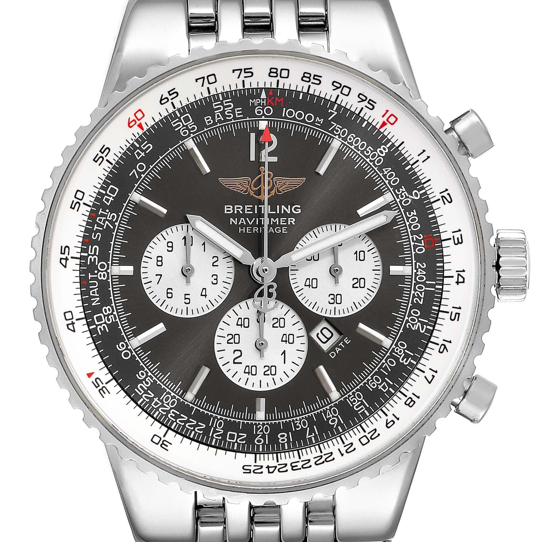 The image shows a front, close-up view of the Breitling Navitimer A35340 Men
s Stainless Steel Grey Dial A35340 Men
s Stainless Steel Grey Dial Heritage watch, highlighting its dial, bezel, and bracelet.