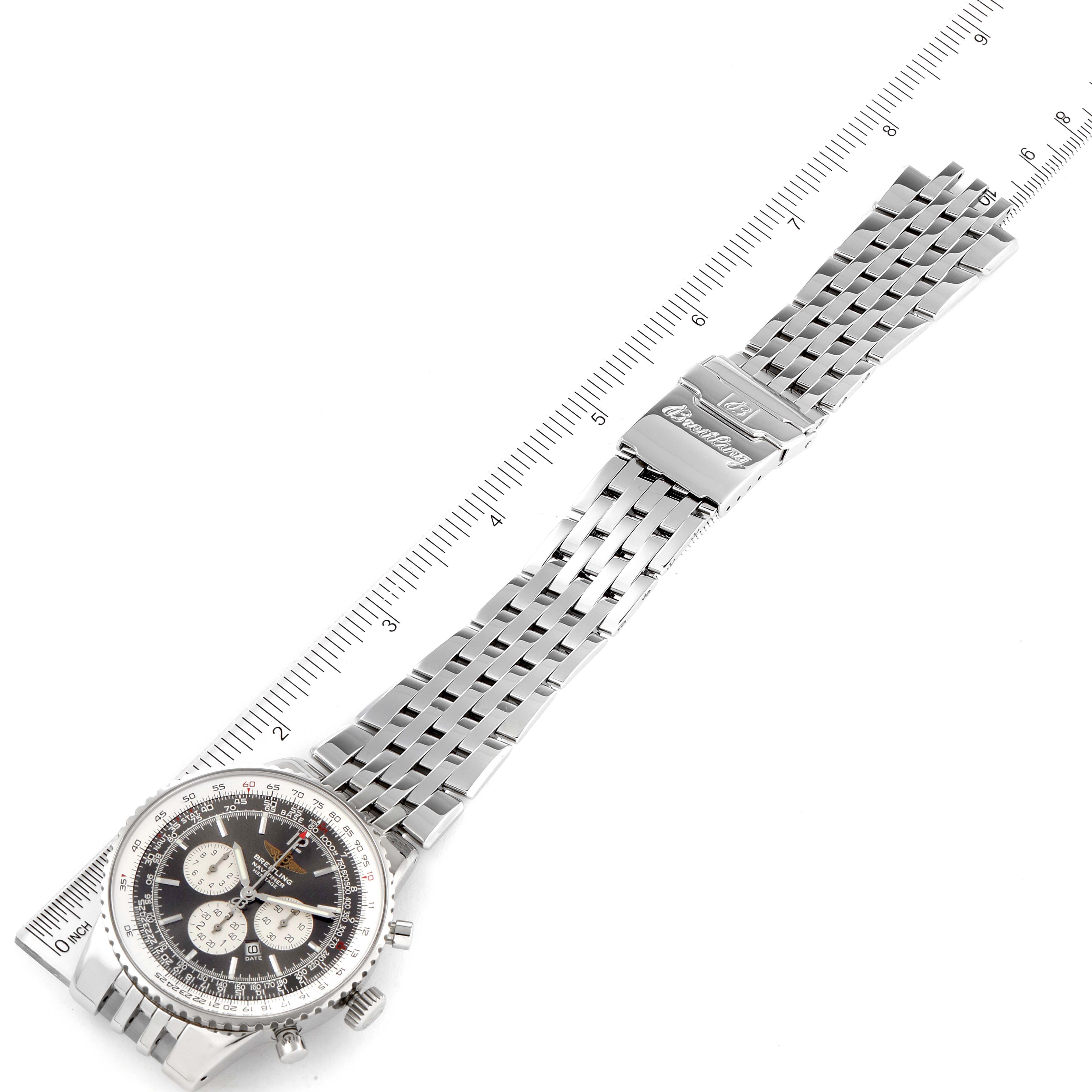 The image shows a top view of a Breitling Navitimer A35340 Men
s Stainless Steel Grey Dial A35340 Men
s Stainless Steel Grey Dial watch, displaying the face, bezel, bracelet, and clasp.